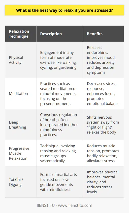 Stress is an inevitable part of life, but how we handle it can make a significant difference to our mental and physical health. There is no one-size-fits-all remedy for stress, but there are tried-and-true methods that can help individuals unwind and regain their sense of balance. In managing stress levels, it's important to choose relaxation techniques that resonate with you personally.Physical Activity as a Stress ReducerPhysical activity is not just good for our physical health; it is also one of the most potent stress relievers. Engaging in physical activities triggers the release of endorphins, the body’s natural mood lifters, which can improve our mood and lower symptoms associated with anxiety and depression. A consistent exercise routine does not have to be intense; moderate exercises like walking, cycling, or even activities like gardening can be incredibly beneficial. The key is finding an activity you enjoy, so it becomes a part of your routine instead of a chore.Mindfulness Exercises for Improved Stress ManagementMindfulness is a method of stress reduction that encourages being fully engaged in the present moment. It trains the mind to observe thoughts and feelings without judgment. Techniques such as meditation are central to mindfulness and can decrease the body’s stress response. Meditation can range from seated practices with focused attention to mindful movements like tai chi or qigong. Other mindfulness exercises include deep breathing, which can help shift the body’s nervous system from the stress-induced fight or flight mode to a more relaxed rest and digest state.Progressive muscle relaxation is another technique where one systematically tenses and then relaxes different muscle groups in the body. This practice helps to promote overall bodily relaxation and can be particularly beneficial for those who carry stress in their muscles.Final ThoughtsIn order to effectively manage stress and relax, it’s crucial to incorporate these practices into your daily life in a way that is sustainable and enjoyable. Tailoring your relaxation techniques to your personal interests and schedule can increase the likelihood that you will stick with them. Remember, the best way to relax is the one that fits your lifestyle and brings you a sense of peace. Whether it's through physical activity, mindfulness, or a combination of both, the goal is to create a routine that promotes resilience against stress and enhances your overall quality of life.