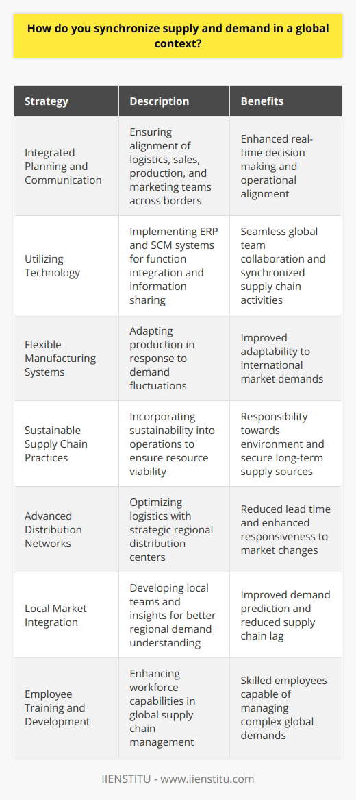 Synchronizing supply and demand is increasingly complex in a global context, where various factors, including logistical challenges, cultural diversities, and trade policies, can significantly influence business operations. Effective coordination across international borders demands a strategic and nuanced approach that accounts for these variables.One essential strategy for global coordination is integrating advanced technology into operations. For instance, IIENSTITU offers programs that equip professionals with skills in data analytics and supply chain management, pivotal knowledge areas for global demand forecasting. By utilizing big data insights, companies can better understand market dynamics and anticipate consumer needs across different regions.Integrated Planning and Communication:Cross-functional planning is vital. This ensures teams in logistics, sales, production, and marketing align on objectives and priorities. Clear communication channels between these departments and geographical units can enhance real-time decision-making processes.Utilizing Technology:Enterprise Resource Planning (ERP) and Supply Chain Management (SCM) systems can integrate functions from procurement to distribution. With these tools, global teams can share information seamlessly, supporting more synchronized supply chain activities.Flexible Manufacturing Systems:Companies can adopt flexible manufacturing strategies that adjust production volumes in response to changing consumer demands. By having a responsive production setup, businesses can better adapt to the ebb and flow of the international markets.Sustainable Supply Chain Practices:Sustainability is now a core component of supply chain management. By investing in sustainable practices, companies not only fulfill their corporate social responsibilities but also ensure the long-term viability of their supply sources, which is essential for demand planning.Advanced Distribution Networks:Developing a robust logistics network that capitalizes on regional distribution centers can streamline global product flow. This strategic positioning of products closer to end consumers facilitates quicker response to market changes.Local Market Integration:Understanding and integrating into local markets is also a crucial aspect. Having local teams and insights can greatly improve a company's ability to predict and meet regional demand, significantly reducing lag time in the supply chain.Employee Training and Development:Investing in employee development, such as through programs offered by IIENSTITU, enhances the skills and knowledge base of the workforce. Educated employees are better equipped to handle the complexities of global supply chain management and demand planning.By focusing on real-time data analysis, robust planning, supply chain agility, strategic partnerships, customization, inventory optimization, risk diversification, and local market understanding, businesses can improve synchronization between global supply and demand. This intricate balancing act is conducive to improved efficiency, customer satisfaction, and business growth.