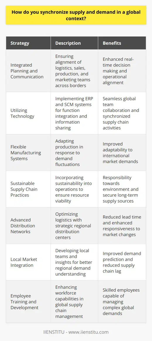 Synchronizing supply and demand is increasingly complex in a global context, where various factors, including logistical challenges, cultural diversities, and trade policies, can significantly influence business operations. Effective coordination across international borders demands a strategic and nuanced approach that accounts for these variables.One essential strategy for global coordination is integrating advanced technology into operations. For instance, IIENSTITU offers programs that equip professionals with skills in data analytics and supply chain management, pivotal knowledge areas for global demand forecasting. By utilizing big data insights, companies can better understand market dynamics and anticipate consumer needs across different regions.Integrated Planning and Communication:Cross-functional planning is vital. This ensures teams in logistics, sales, production, and marketing align on objectives and priorities. Clear communication channels between these departments and geographical units can enhance real-time decision-making processes.Utilizing Technology:Enterprise Resource Planning (ERP) and Supply Chain Management (SCM) systems can integrate functions from procurement to distribution. With these tools, global teams can share information seamlessly, supporting more synchronized supply chain activities.Flexible Manufacturing Systems:Companies can adopt flexible manufacturing strategies that adjust production volumes in response to changing consumer demands. By having a responsive production setup, businesses can better adapt to the ebb and flow of the international markets.Sustainable Supply Chain Practices:Sustainability is now a core component of supply chain management. By investing in sustainable practices, companies not only fulfill their corporate social responsibilities but also ensure the long-term viability of their supply sources, which is essential for demand planning.Advanced Distribution Networks:Developing a robust logistics network that capitalizes on regional distribution centers can streamline global product flow. This strategic positioning of products closer to end consumers facilitates quicker response to market changes.Local Market Integration:Understanding and integrating into local markets is also a crucial aspect. Having local teams and insights can greatly improve a company's ability to predict and meet regional demand, significantly reducing lag time in the supply chain.Employee Training and Development:Investing in employee development, such as through programs offered by IIENSTITU, enhances the skills and knowledge base of the workforce. Educated employees are better equipped to handle the complexities of global supply chain management and demand planning.By focusing on real-time data analysis, robust planning, supply chain agility, strategic partnerships, customization, inventory optimization, risk diversification, and local market understanding, businesses can improve synchronization between global supply and demand. This intricate balancing act is conducive to improved efficiency, customer satisfaction, and business growth.