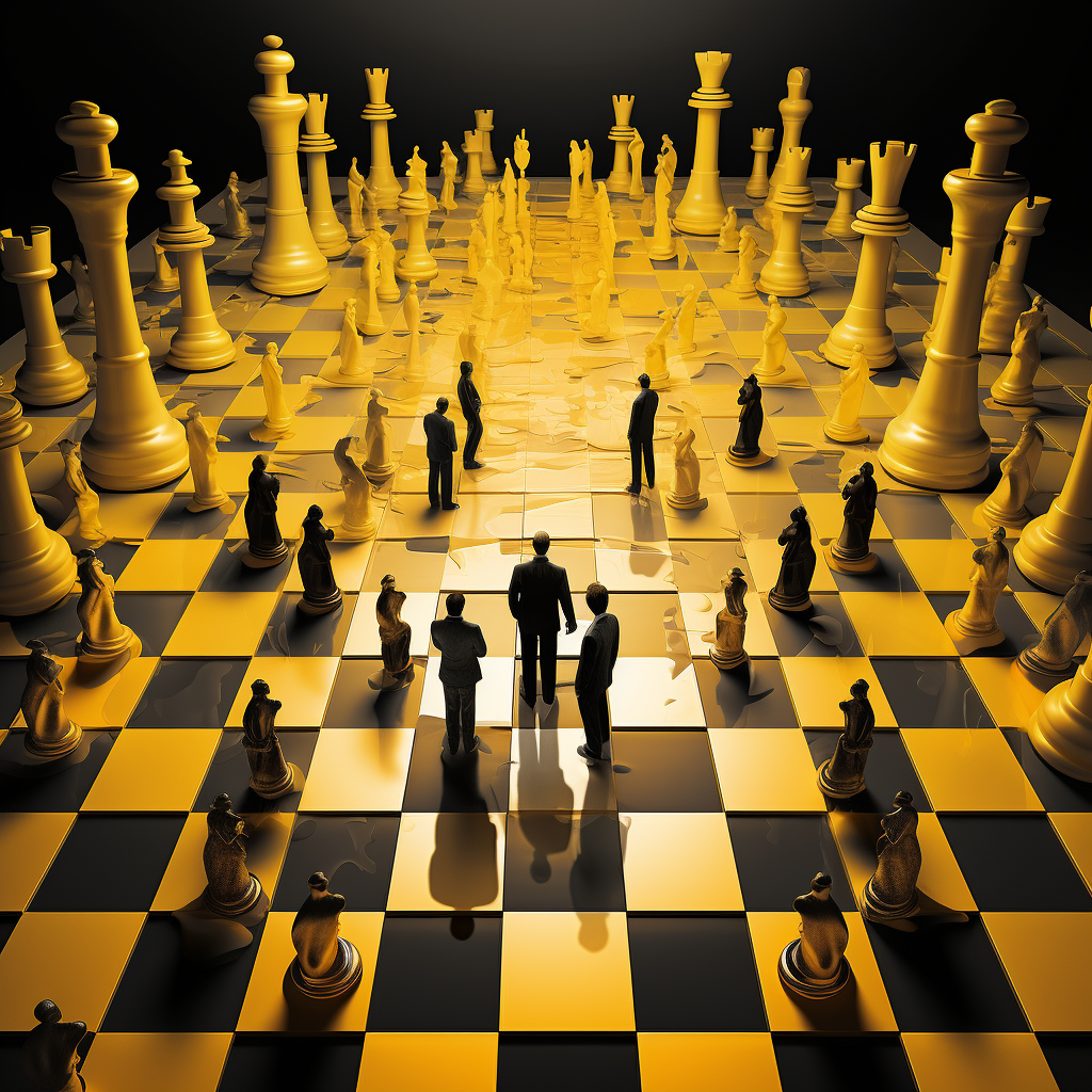 HR job roles illuminated, contrasting yellow, black, white palette, symbolic visuals, handshake merging with pen and paper, chess pieces denoting strategy, interconnected human silhouettes, labyrinth pathway indicating problem-solving, no text, deeply evocative, intuitive interpretation.