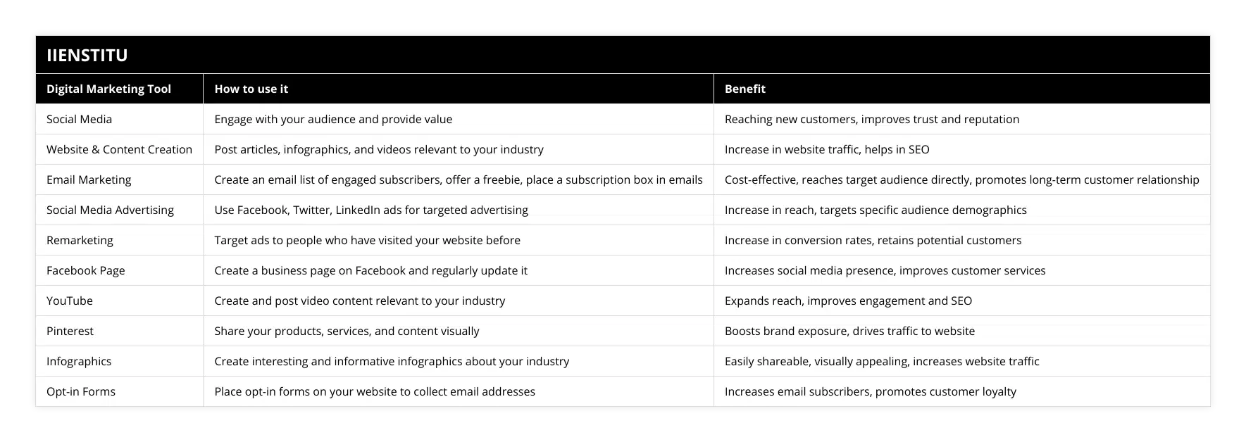 Social Media, Engage with your audience and provide value, Reaching new customers, improves trust and reputation, Website & Content Creation, Post articles, infographics, and videos relevant to your industry, Increase in website traffic, helps in SEO, Email Marketing, Create an email list of engaged subscribers, offer a freebie, place a subscription box in emails, Cost-effective, reaches target audience directly, promotes long-term customer relationship, Social Media Advertising, Use Facebook, Twitter, LinkedIn ads for targeted advertising, Increase in reach, targets specific audience demographics, Remarketing, Target ads to people who have visited your website before, Increase in conversion rates, retains potential customers, Facebook Page, Create a business page on Facebook and regularly update it, Increases social media presence, improves customer services, YouTube, Create and post video content relevant to your industry, Expands reach, improves engagement and SEO, Pinterest, Share your products, services, and content visually, Boosts brand exposure, drives traffic to website, Infographics, Create interesting and informative infographics about your industry, Easily shareable, visually appealing, increases website traffic, Opt-in Forms, Place opt-in forms on your website to collect email addresses, Increases email subscribers, promotes customer loyalty