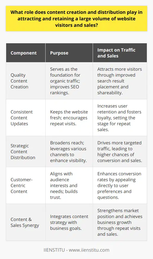 Content creation and distribution are essential components of a successful digital marketing strategy. They work in tandem to attract a steady stream of visitors to your website and ultimately convert this traffic into sales.**Attracting Website Visitors through Quality Content**High-quality content serves as the cornerstone of organic website traffic. By creating engaging and valuable content, websites can capture the attention of potential visitors. Search engines favor sites that offer users informative and relevant information, as this aligns with the goal of providing the best possible results for search queries. By targeting specific keywords and topics that your audience is interested in, your website can rank higher in search engine results pages (SERPs), leading to an increase in organic traffic.Good content also encourages users to share it with their networks, further amplifying its reach. Through this organic word-of-mouth, websites can experience a significant growth in visitor numbers.**Retaining Users with Consistent Content**Once users find your website, consistent content helps keep them there. A regularly updated site with new, high-quality content can turn a one-time visitor into a recurring user. Maintaining a content calendar and sticking to a publishing schedule creates anticipation for new content and establishes a habit for users to check back with your website.When visitors find themselves returning to your website for the latest information or insightful analysis, a bond forms, positioning your website as an authority in your niche. This relationship is the foundation for visitor retention and is a key driver for sales.**Enhancing Sales through Content Distribution**Content distribution is the proactive approach to ensure your content reaches as many eyes as possible. Utilizing different channels such as social media, email newsletters, or collaboration with other websites can expose your content to a larger audience. As your content reaches new users, it presents more opportunities for visitors to discover your website, sign up for newsletters, or follow you on social media. Through targeted distribution strategies, such as paid advertisements or influencer collaborations, traffic directed to your website is more likely to consist of individuals with a genuine interest in your products or services, leading to potential sales. **Conversion through Customer-Centric Content**Content creation and distribution reach their apex when they translate into sales. When content aligns with the interests of your target audience, it can influence their purchase decisions. Tailoring your content to address user questions, provide solutions to problems, or inform on relevant industry changes creates value for your audience. Providing customer-centric content fosters an environment of trust and reliability. When customers trust a source, they are more likely to convert from visitors to purchasers. Engaging content that resonates with readers on a personal level increases conversion rates, as readers feel the company understands their needs and preferences.**Conclusion: The Synergy of Content & Sales**It's clear that content creation and distribution are integral to attracting and retaining a large volume of website visitors and ultimately driving sales. They are the mechanisms by which a website communicates its value to the audience, building an enduring relationship that encourages repeat visits, and fosters an environment conducive to sales conversion. Through a strategic approach to content, focusing on both the creation of valuable material and its effective distribution, websites can achieve significant business growth and strengthen their market position.