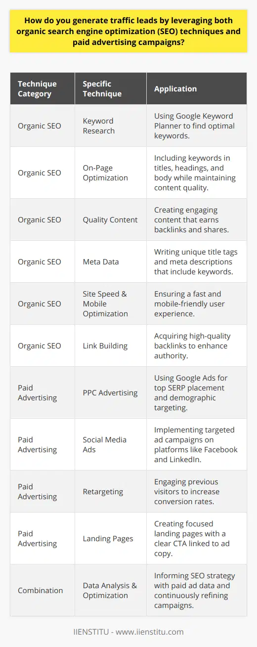 Generating traffic leads for a blog post involves a strategic blend of organic search engine optimization (SEO) and targeted paid advertising campaigns. The synergy of these techniques can expand your content's reach and attract a more significant number of visitors, who could potentially convert into leads or customers.**Organic SEO Techniques**Organic SEO revolves around optimizing your content so that it ranks well in unpaid search engine results. Here's how you can leverage these techniques:1. **Keyword Research**: Identify the keywords your target audience uses when searching for content related to your blog post. Tools like Google Keyword Planner can assist in finding terms with high traffic potential yet moderate competition.2. **On-Page Optimization**: Incorporate relevant keywords into your blog post's title, headings, and body text naturally. Ensure that they enhance readability and context rather than deteriorating it.3. **Quality Content**: Produce informative, engaging, and comprehensive content that solves problems or answers questions. Superior content has higher chances of earning backlinks and being shared, which are critical factors for SEO.4. **Meta Data**: Craft unique and descriptive title tags and meta descriptions for each blog post. They should include target keywords and encourage clicks from SERPs.5. **Site Speed and Mobile Optimization**: Ensure that your website is quick to load and mobile-friendly, as user experience is a significant ranking factor.6. **Link Building**: Acquire high-quality backlinks from reputable sites, which signal to search engines that your content is authoritative and trustworthy.**Paid Advertising Campaigns**While organic SEO is potent over the long term, paid advertising can provide immediate traffic boosts. Here’s how:1. **PPC Advertising**: Tools like Google Ads can position your blog post at the top of SERPs for chosen keywords. Since you only pay when someone clicks the ad, you can control costs while targeting specific demographics.2. **Social Media Ads**: Platforms like Facebook, Instagram, and LinkedIn allow for granular targeting based on user data. Utilize compelling visuals and succinct copy to engage users.3. **Retargeting**: Reach out to individuals who have visited your blog but haven't taken the desired action. Retargeting keeps your content top of mind and can increase conversion rates.4. **Landing Pages**: Design optimized landing pages for your ads that deliver on the promises made in the ad copy. They should be concise, focused, and feature a clear call-to-action (CTA).**Combining Organic and Paid Efforts**To maximize results, create a harmonious strategy that employs both organic and paid channels:- Utilize the insights from paid ad performance, such as which headlines or keywords generate more clicks, to inform your organic content strategy.- Share your organic content through social media and invest in promoting posts that receive high engagement organically.- Examine user behavior on your website to understand the types of content that resonate with your audience and tailor your paid ads accordingly.By analyzing the data from both SEO and paid ad campaigns, you can continuously refine your approach to traffic generation. It's a cyclical process of testing, learning, and optimizing to ensure content visibility, audience engagement, and efficient lead conversion. In summary, traffic lead generation through organic SEO and paid advertising is a strategic process requiring attention to detail, analysis, and ongoing optimization. Implementing a cohesive and adaptive approach can dramatically expand your blog post's reach and your brand's digital footprint.
