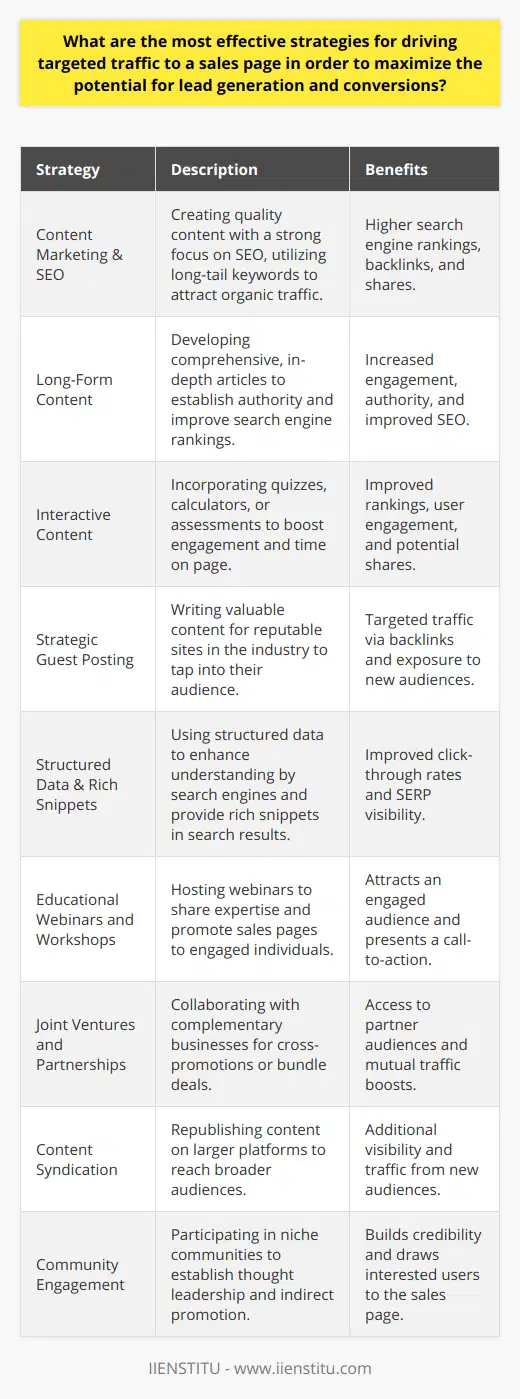 Driving targeted traffic to a sales page is critical for generating leads and enhancing conversions. Here is a compilation of some of the most effective strategies:Content Marketing & SEOContent marketing, anchored in strong SEO practices, is pivotal for organic traffic. Quality, informative, and engaging content that meets the needs of your target audience can earn higher search engine rankings. Incorporate long-tail keywords, which are less competitive and have a higher conversion rate, and focus on creating a valuable resource that naturally attracts backlinks and shares.Long-Form ContentProducing comprehensive long-form content can significantly improve SEO efforts. In-depth articles that thoroughly cover a topic are more likely to rank higher on search engines, as they are seen as more authoritative. Moreover, long-form content keeps users engaged longer, which can signal to search engines that your content is valuable.Interactive ContentAdding interactive elements like quizzes, calculators, or assessments can increase user engagement and time spent on the page. This strategy can improve rankings and encourage shares, leading to more traffic.Strategic Guest PostingGuest posting on reputable sites in your industry can lead to increased targeted traffic. By contributing value-adding content to other platforms, you can tap into their audience and drive traffic back to your own sales page via author bio links or content-specific backlinks.Structured Data & Rich SnippetsImplementing structured data to your sales page helps search engines understand the page content better, potentially leading to rich snippets in search results. Rich snippets can improve click-through rates, as they make your page stand out in SERPs.Educational Webinars and WorkshopsWebinars and online workshops hosted by subject matter experts, such as professionals affiliated with IIENSTITU, can attract highly engaged individuals. Utilize these platforms to share knowledge and promote your sales page as a call-to-action, positioning your offering as the next logical step for attendees.Joint Ventures and Strategic PartnershipsCollaborating with businesses that complement but don't compete with yours can be a mutually beneficial way to drive traffic. Cross-promotions or bundle deals present a valuable proposition to each other's audiences.Content SyndicationSyndicating your content on platforms with larger audiences can help your sales page gain additional visibility. It involves republishing content on other sites, which can introduce your brand to a wider audience and drive traffic back to the original sales page.Community EngagementActive participation in niche communities, discussion groups, or forums can establish you as a thought leader and indirectly promote your sales page. Share your expertise without directly advertising, and use these conversations to drive interested parties to your sales page for more information.Incorporating these strategies into a holistic marketing approach will likely capture the interest of your target audience and direct them toward your sales page, ultimately increasing lead generation and conversion rates.