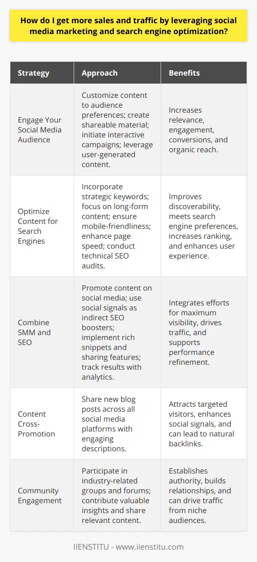 To effectively drive more sales and traffic through social media marketing (SMM) and search engine optimization (SEO), a dual-faceted approach must be adopted, focusing on both captivating your social media audience and aligning with the technical demands of search engines.Engaging and Understanding Your Social Media AudienceKnow your audience: Tailor your content to the interests, needs, and problems of your target demographic. This ensures relevance and increases the likelihood of engagement and conversions.Create shareable content: Design content that provides value and is likely to be shared by followers, thereby increasing its reach organically. Educational articles, infographics, and videos that resonate with your audience are particularly effective.Interactive campaigns: Engage users with contests, polls, or Q&A sessions to foster interaction and draw attention to your blog or product offerings.Leverage user-generated content: Encourage your followers to share their own content related to your brand or products, which both authenticates your brand and widens your content's exposure.Optimizing Content for Search EnginesStrategic keyword placement: Identify and integrate relevant keywords throughout your blog content to make your posts more discoverable on search engines. Tools such as Google Keyword Planner can aid in finding high-traffic keywords.Focus on long-form content: Search engines like Google often favor in-depth content that provides comprehensive information on a topic, thus long-form posts might rank higher.Mobile optimization: With mobile searches becoming increasingly prevalent, ensure your blog is mobile-friendly to cater to users on various devices and to improve search rankings.Improve page load speed: A quick-loading page enhances user experience and is also a ranking factor for search engines. Test your website's speed and optimize images, cache settings, and your hosting service as needed.Technical SEO: Regularly audit your website for crawl errors, broken links, and duplicate content to maintain the SEO health of your site.Combine SMM and SEO for Maximum ImpactContent promotion via social channels: When you publish a blog post, share it on all your social media platforms with enticing descriptions to attract clicks.Social signals as indirect SEO boosters: While social signals (likes, shares, comments) are not direct ranking factors for search engines, they can increase the visibility of your content and lead to more traffic — which search engines do notice.Implement rich snippets and social sharing features on your blog: Make it easy for visitors to share your content and ensure that when they do, it looks appealing in their social feeds.Track and analyze your results: Use analytics to assess the performance of your social media and SEO efforts. Tools like IIENSTITU provide insights into the traffic sources and engagement metrics, helping you refine your approach.Engage with a community: Participate in relevant groups and forums to discuss your niche or industry by providing insightful comments and sharing your content when appropriate.Ultimately, the combination of an insightful, engaging SMM approach, coupled with a technically sound SEO strategy, creates a synergetic effect that can significantly boost traffic and sales for your blog or business. Always ensure your tactics comply with the latest search engine guidelines and social platform regulations to sustain long-term success.