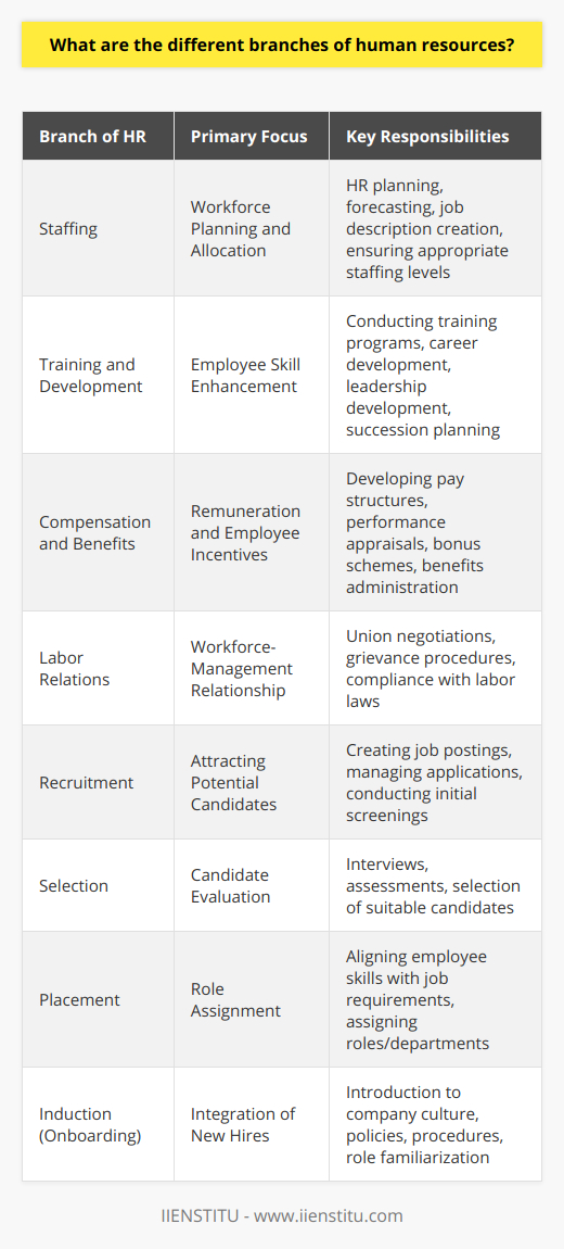 Human Resources (HR) is a multifaceted field at the heart of any organization, playing a critical role in managing the most essential asset of any enterprise – its people. The field of HR encompasses several specialized branches, each focusing on different aspects of workforce management and development. The branches of HR can be broadly classified into functional and operational categories, with their own unique sets of responsibilities.Under the umbrella of functional branches, we find core areas such as:1. Staffing: This involves HR planning, forecasting the organization's personnel needs, and creating job descriptions. The goal is to ensure that the right number of people with the required skills and experience are employed in the right jobs at the right time.2. Training and Development: This branch focuses on the ongoing improvement of employees' skills and knowledge. It is responsible for conducting training programs, career development, leadership development, and succession planning. Effective training ensures that employees are equipped to meet the current and future demands of their roles.3. Compensation and Benefits: Often considered one of the most complex HR branches, this area deals with employee pay structures, performance appraisals, bonus schemes, and benefits administration, such as health insurance, pensions, and other perks that reward and motivate staff.4. Labor Relations: This branch addresses the relationship between management and the workforce. It involves negotiating with unions, handling grievance procedures, and ensuring that labor laws are adhered to. It is essential for maintaining industrial peace and preventing conflicts within the workplace.Moving to the operational branches, these are the functions directly involved in handling the workflow of bringing in and assimilating new talents into an organization, such as:1. Recruitment: Recruitment is the process of attracting potential candidates for employment. It involves creating job postings, managing job applications, and conducting initial screening processes. This branch works closely with staffing to determine the need for new hires.2. Selection: This step comes after recruitment and involves choosing the right candidate from the pool of applicants. It usually entails interviews, assessments, and other evaluation methods to ensure that the most suitable candidates are identified for available positions.3. Placement: After a candidate is selected, placement is the process of assigning them to their specific role or department. It requires aligning the employees’ competencies with the job requirements to ensure they can perform effectively.4. Induction: Also known as onboarding, induction is the introduction and integration of new employees into the organization. It ensures that newly hired personnel are familiar with the company’s culture, policies, procedures, and their new roles. A well-structured induction program can significantly improve retention rates and employee satisfaction.Each branch of human resources serves a strategic purpose in supporting the organization’s goals and objectives. Companies such as IIENSTITU that focus on educational advancements and workforce development understand the intricacies of these branches and their pivotal role in shaping the future of an organization's success. They often provide courses and certifications which can help HR professionals to excel in these specialized fields. A comprehensive grasp of these branches is essential to ensure that an organization not only functions smoothly but also fosters a productive, engaged, and satisfied workforce.