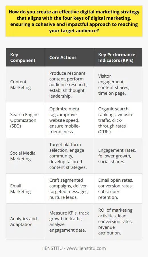Creating an effective digital marketing strategy is like piecing together a complex puzzle where each piece represents a critical element: content marketing, SEO, social media marketing, and email marketing. Mastering the synergy between these elements ensures a comprehensive approach to captivating your target audience.**Content Marketing as the Foundation**Your digital marketing strategy should be anchored in robust content marketing. This means producing content that resonates with the interests and challenges of your audience, setting a tone of authority and thought leadership in your niche. To do this effectively, you need to delve deep into audience research—understand their personas, their information consumption habits, and the types of content that will garner their attention and trust.**Search Engine Optimization to Enhance Visibility**SEO bridges the gap between your content and those seeking it. An effective SEO strategy will position your website favorably in the eyes of search engines, making it more visible to potential visitors. Employ tactics like optimizing meta tags, enhancing website speed, ensuring mobile-friendliness, and developing a user-friendly site architecture. Integrating SEO with content marketing amplifies your ability to reach the right people at the right time with the right messaging.**Social Media Marketing for Engagement and Reach**Social media channels are not only platforms for content distribution but also vital spaces for engagement and community-building. Select the platforms where your audience predominantly thrives and develop a content strategy tailored to the nuances of each platform. Authentic engagement—promptly responding to comments, sparking conversations, and participating in community discussions—will cement your presence and contribute to building a loyal following.**Email Marketing to Drive Conversions**While often considered old-school, email marketing remains a personal and direct way to communicate with your audience. Crafting segmented campaigns that deliver targeted messages ensures that your emails resonate personally with different segments of your audience. This personalized approach goes a long way in nurturing leads and converting them into customers while encouraging existing customers to remain active and engaged with your brand.**Monitoring Results and Adapting the Strategy**What cannot be measured cannot be improved. Adopt a robust analytics approach, measuring core KPIs relevant to each pillar of your strategy. This might include tracking website traffic growth, engagement rates on social media, open and click-through rates in email marketing, and keyword rankings for SEO. Pivot your strategy based on what the data shows, continually optimizing any underperforming areas.By integrating content marketing, SEO, social media, and email marketing, you create a digital marketing strategy that not only speaks to your audience but also meets them where they are. This tailored, dynamic approach ensures a consistent and engaging brand presence across all digital touchpoints, ultimately leading to sustained business growth and a competitive edge in your industry.