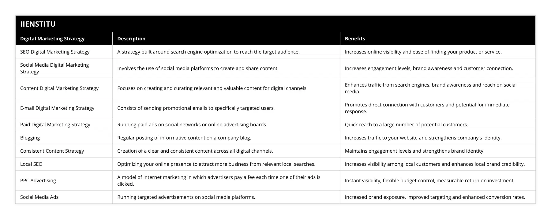 SEO Digital Marketing Strategy, A strategy built around search engine optimization to reach the target audience, Increases online visibility and ease of finding your product or service, Social Media Digital Marketing Strategy, Involves the use of social media platforms to create and share content, Increases engagement levels, brand awareness and customer connection, Content Digital Marketing Strategy, Focuses on creating and curating relevant and valuable content for digital channels, Enhances traffic from search engines, brand awareness and reach on social media, E-mail Digital Marketing Strategy, Consists of sending promotional emails to specifically targeted users, Promotes direct connection with customers and potential for immediate response, Paid Digital Marketing Strategy, Running paid ads on social networks or online advertising boards, Quick reach to a large number of potential customers, Blogging, Regular posting of informative content on a company blog, Increases traffic to your website and strengthens company's identity, Consistent Content Strategy, Creation of a clear and consistent content across all digital channels, Maintains engagement levels and strengthens brand identity, Local SEO, Optimizing your online presence to attract more business from relevant local searches, Increases visibility among local customers and enhances local brand credibility, PPC Advertising, A model of internet marketing in which advertisers pay a fee each time one of their ads is clicked, Instant visibility, flexible budget control, measurable return on investment, Social Media Ads, Running targeted advertisements on social media platforms, Increased brand exposure, improved targeting and enhanced conversion rates