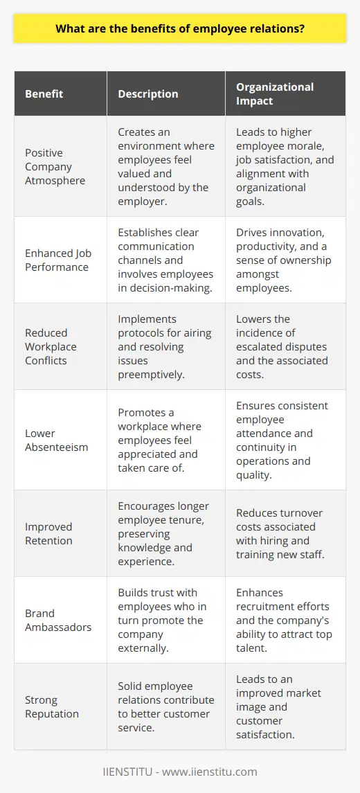 Employee relations not only act as the backbone of a strong organizational culture but also serve as a driving force for a more engaged and dedicated workforce. One of the primary benefits of employee relations is the promotion of a positive company atmosphere, leading to enhanced employee morale. When employees feel valued and understood by their employer, it typically results in higher levels of job satisfaction. Contented employees are more enthusiastic about their job roles and are often more committed to the organization’s goals and values.Enhanced job performance is yet another significant advantage of investing in employee relations. By establishing clear communication channels and providing employees with opportunities to voice their concerns and ideas, employers can foster a sense of ownership and accountability among their workforce. This, in turn, can lead to innovation and increased productivity as employees feel empowered to perform to the best of their abilities.Investing in a sound employee relations strategy can also help in reducing workplace conflicts and grievances. When there are established protocols and a trusted platform for airing and resolving issues, conflicts can be addressed before they escalate into more serious problems. This preventive approach can save organizations from the time-consuming and sometimes costly processes associated with workplace disputes.Absenteeism often drops when employees maintain a favorable view of their workplace environment. Good employee relations can significantly attribute to this outcome because employees who feel cared for and appreciated are more likely to report to work consistently and punctually. The presence of fully staffed operations helps ensure that work processes are not compromised and that the quality of output is maintained.Moreover, fostering trust through exemplary employee relations helps create brand ambassadors out of employees. Employees who trust their employer and feel respected are more likely to recommend their company as a great place to work to friends and family. This can augment recruitment efforts and help in attracting top-tier talent.In terms of retention, strong employee relations can mitigate the high costs of turnover by encouraging staff to stay with the company longer. This not only retains accumulated workplace knowledge and experience but also reduces the indirect costs associated with hiring and training new staff.Finally, a company with diligent employee relations often enjoys a strong reputation, both internally and in the market. Positive relations can lead to better customer service as happy and engaged employees tend to provide a higher level of service.In conclusion, employee relations are crucial for nurturing a harmonious work environment that promotes cooperation, encourages productivity, reduces workplace issues, decreases absenteeism, and improves staff retention. By implementing good employee relations practices, organizations like IIENSTITU can create a competitive edge through a committed and high-performing workforce. Both the employees and the employer stand to gain immensely from this symbiotic relationship, proving that the human element in the workplace is an investment worth nurturing.