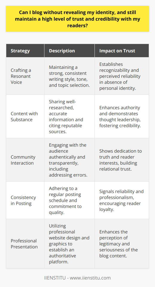 Blogging without revealing one's identity can sometimes be an attractive option for authors seeking privacy or looking to separate their personal identity from their content. Achieving trust and credibility in such scenarios involves a measured approach that centers on quality and consistently.**Crafting a Resonant Voice**When readers can't anchor trust in an individual's public persona, they often look for other markers of reliability. One of these is the presence of a strong, consistent voice. A blogger's voice includes their writing style, tone, choice of topics, and opinions. By maintaining cohesion in these areas, anonymous bloggers can build a recognizable presence that readers associate with trustworthiness.**Content with Substance**In lieu of a personal reputation, the strength of blog content becomes even more critical. Distilling complex ideas into digestible content, while backing them with solid research, demonstrates authority and thought leadership, even without a name attached. Citing reputable sources and integrating up-to-date, factual information reassures readers they're consuming content that is credible and reliable.**Community Interaction and Transparency**Another pillar of building trust is how bloggers engage with their audience. Authentic interaction, transparency about uncertainties, and willingness to correct errors go a long way. Even as an anonymous entity, bloggers can communicate their dedication to the truth and to their readers' interests through active moderation and thoughtful responses to comments.Moreover, while avoiding a personal profile, bloggers can demonstrate consistency and reliability through regular posting schedules and a commitment to quality content. They can also take advantage of website design and professional graphics (without brand association) to provide a polished, authoritative platform for their writing.Through conscientious attention to consistency, evidence-based content, and community engagement, maintaining anonymity while building a trusted blog presence is not only possible but can be highly effective. This approach has been embraced by many successful anonymous blogs that have created their unique niches, proving the viability and potential of anonymous content authorship.