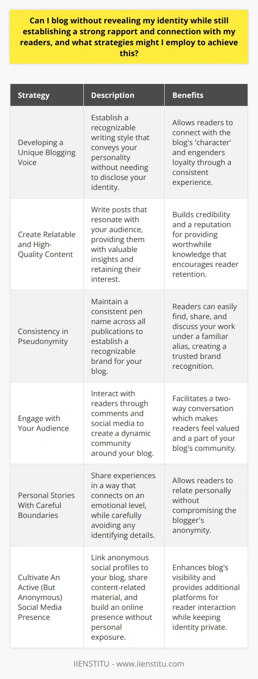 Anonymity in Blogging: Crafting a Connection Without Revealing Your IdentityIn the realm of blogging, anonymity can often be as much of a choice as a necessity. The ability to communicate ideas, share stories, and spark discussions without unveiling one's true identity allows for both freedom of expression and protection of personal privacy. But can an anonymous blogger still establish a meaningful rapport with their readers? Absolutely. The key is to employ mindful strategies that foster familiarity and trust, even when the person behind the words remains a mystery.**Developing a Unique Blogging Voice**When your identity is hidden, your voice becomes your identity. Developing a distinctive writing style and tone provides consistency and personality to your work. Even without an attached name, your readers begin to feel like they know 'you' through the perspective, humor, expertise, or emotions that infuse your posts. When this voice resonates with your audience, a bond begins to form.**Create Relatable and High-Quality Content**Creating content that strikes a chord with your audience is crucial. Addressing niche subjects with depth, offering fresh insights, and producing quality content regularly can set you apart. Engaging and informative posts can create a sense of value and reliability that encourages readers to return, grow attached to your blog's persona, and engage more deeply with your material.**Consistency in Pseudonymity**While your real name might not be shared, consistent use of a pseudonym can build recognition and reliability. A consistent pen name becomes your brand, your reputational banner that stands for something in the eyes of your readers. It's how they'll refer to you, share your work, and connect with the personality behind the screen.**Engage with Your Audience**Regular interaction with readers is vital for building a connection. Be present in the comments section, answering questions, and expressing gratitude for feedback. Running Q&A sessions, polls, or discussions about what topics your audience would like to read next can also enhance rapport while retaining your anonymity.**Personal Stories With Careful Boundaries**Sharing personal anecdotes adds depth to your writing but doing so while preserving your anonymity requires careful boundary-setting. You can speak on personal experiences but should always leave out or alter specific details that could lead to your identification. It's the emotions and universal themes in these stories that resonate with readers, not the intimate specifics.**Cultivate An Active (But Anonymous) Social Media Presence**Creating anonymous social media profiles tied to your blog allows for expansion of your presence and post reach. Engage with your followers through these accounts using the same pseudonym. Share snippets of your life or thoughts related to your blog's content while being cautious not to divulge identifying details. Use these platforms to support your blog content and vice versa.Anonymity in blogging does not preclude the formation of strong, genuine connections with your readers. Through authenticity, consistent pseudonymity, reader engagement, personal but non-identifying stories, and active yet cautious social media use, you can create an influential and trusted online presence. By following these guidelines, you can ensure that your blog becomes a trusted haven for your audience — one where the quality and resonance of your content, rather than your personal identity, are the focus.