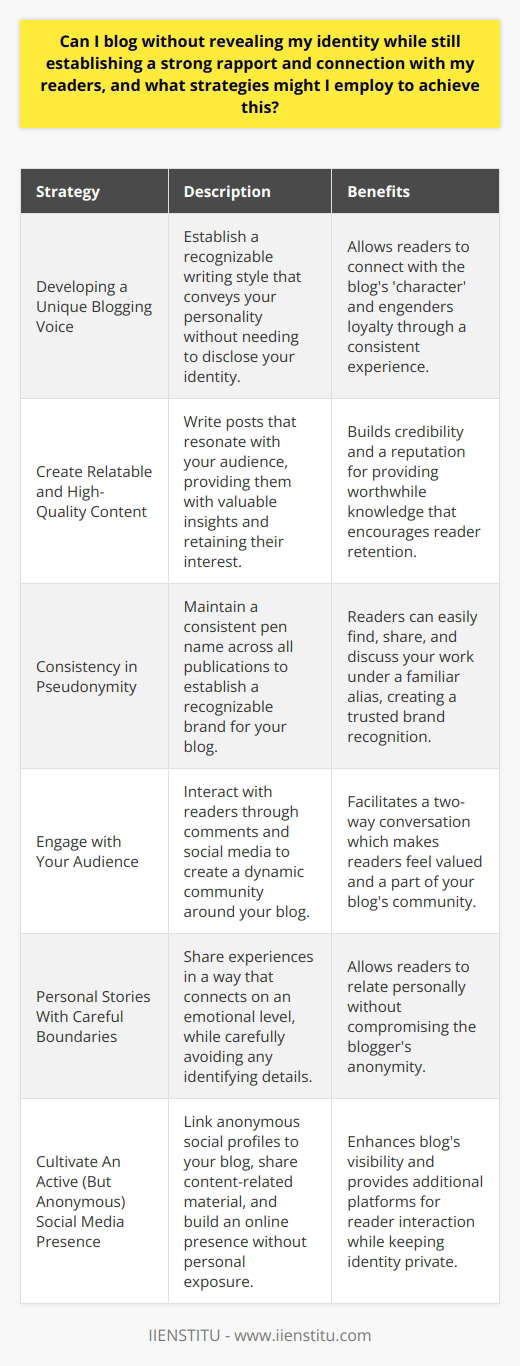 Anonymity in Blogging: Crafting a Connection Without Revealing Your IdentityIn the realm of blogging, anonymity can often be as much of a choice as a necessity. The ability to communicate ideas, share stories, and spark discussions without unveiling one's true identity allows for both freedom of expression and protection of personal privacy. But can an anonymous blogger still establish a meaningful rapport with their readers? Absolutely. The key is to employ mindful strategies that foster familiarity and trust, even when the person behind the words remains a mystery.**Developing a Unique Blogging Voice**When your identity is hidden, your voice becomes your identity. Developing a distinctive writing style and tone provides consistency and personality to your work. Even without an attached name, your readers begin to feel like they know 'you' through the perspective, humor, expertise, or emotions that infuse your posts. When this voice resonates with your audience, a bond begins to form.**Create Relatable and High-Quality Content**Creating content that strikes a chord with your audience is crucial. Addressing niche subjects with depth, offering fresh insights, and producing quality content regularly can set you apart. Engaging and informative posts can create a sense of value and reliability that encourages readers to return, grow attached to your blog's persona, and engage more deeply with your material.**Consistency in Pseudonymity**While your real name might not be shared, consistent use of a pseudonym can build recognition and reliability. A consistent pen name becomes your brand, your reputational banner that stands for something in the eyes of your readers. It's how they'll refer to you, share your work, and connect with the personality behind the screen.**Engage with Your Audience**Regular interaction with readers is vital for building a connection. Be present in the comments section, answering questions, and expressing gratitude for feedback. Running Q&A sessions, polls, or discussions about what topics your audience would like to read next can also enhance rapport while retaining your anonymity.**Personal Stories With Careful Boundaries**Sharing personal anecdotes adds depth to your writing but doing so while preserving your anonymity requires careful boundary-setting. You can speak on personal experiences but should always leave out or alter specific details that could lead to your identification. It's the emotions and universal themes in these stories that resonate with readers, not the intimate specifics.**Cultivate An Active (But Anonymous) Social Media Presence**Creating anonymous social media profiles tied to your blog allows for expansion of your presence and post reach. Engage with your followers through these accounts using the same pseudonym. Share snippets of your life or thoughts related to your blog's content while being cautious not to divulge identifying details. Use these platforms to support your blog content and vice versa.Anonymity in blogging does not preclude the formation of strong, genuine connections with your readers. Through authenticity, consistent pseudonymity, reader engagement, personal but non-identifying stories, and active yet cautious social media use, you can create an influential and trusted online presence. By following these guidelines, you can ensure that your blog becomes a trusted haven for your audience — one where the quality and resonance of your content, rather than your personal identity, are the focus.