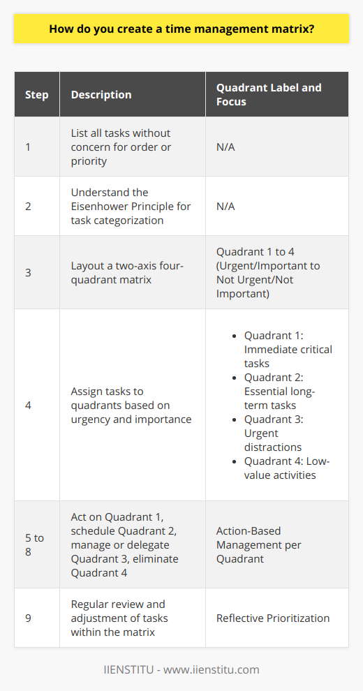 Creating a time management matrix is an essential tool to enhance productivity and ensure that you effectively prioritize your tasks according to their level of urgency and importance. Here's how to create a time management matrix that will help you manage your commitments more efficiently:**Step 1: List Your Tasks**The first step in creating a time management matrix is to generate a comprehensive list of your tasks. Don't worry about the order or priority at this point; just focus on getting everything written down. This list can include all sorts of tasks, ranging from the mundane, like grocery shopping, to high-stakes projects at work.**Step 2: Understand the Eisenhower Principle**The time management matrix is often based on the Eisenhower Principle, which categorizes tasks according to their importance and urgency. **Step 3: Draw the Matrix**Create a four-quadrant matrix on a piece of paper or use a digital tool. Label the quadrants as follows:- Quadrant 1: Urgent and Important- Quadrant 2: Not Urgent but Important- Quadrant 3: Urgent but Not Important- Quadrant 4: Not Urgent and Not Important**Step 4: Assign Each Task a Quadrant**Distribute your listed tasks among the four quadrants based on these criteria:- Quadrant 1 tasks require immediate action and are crucial for your success or well-being.- Quadrant 2 tasks are the foundation of effective personal and professional development. These are critical but don't need to be done right this moment.- Quadrant 3 tasks are the interruptions and distractions that may appear urgent but are not crucial for your long-term successes.- Quadrant 4 tasks are the activities and responsibilities that offer little to no value towards reaching your broader goals.**Step 5: Tackle Your Priorities**Start with Quadrant 1 tasks since they are both urgent and important. Attempt to complete these as soon as possible to avoid stress and potential crises.**Step 6: Plan for Quadrant 2**Quadrant 2 tasks are key to strategic growth and should be given dedicated time in your schedule. Planning and preparation for these tasks are crucial.**Step 7: Manage Quadrant 3**Considering the urgent yet not important tasks in Quadrant 3, determine if you can delegate or reschedule these duties to minimize their impact on your time.**Step 8: Minimize Quadrant 4**Tasks within Quadrant 4 are prime candidates for elimination. They often constitute time-wasters and should be reduced or removed from your schedule where possible.**Step 9: Review and Adapt**Your time management matrix is a dynamic tool. Regularly review it to reflect on the actual relevance and urgency of tasks. As projects progress and situations change, so too should the placement of tasks within your matrix.By following these steps, you can create a personalized time management matrix that helps you visually prioritize your life and work commitments. This aids in making informed decisions about how you allocate your time and effort, ultimately boosting productivity and effectiveness in achieving your most valued goals.Remember, institutes like IIENSTITU can offer additional resources and courses to help refine your time management skills and provide further strategies to succeed in both academics and professional life.