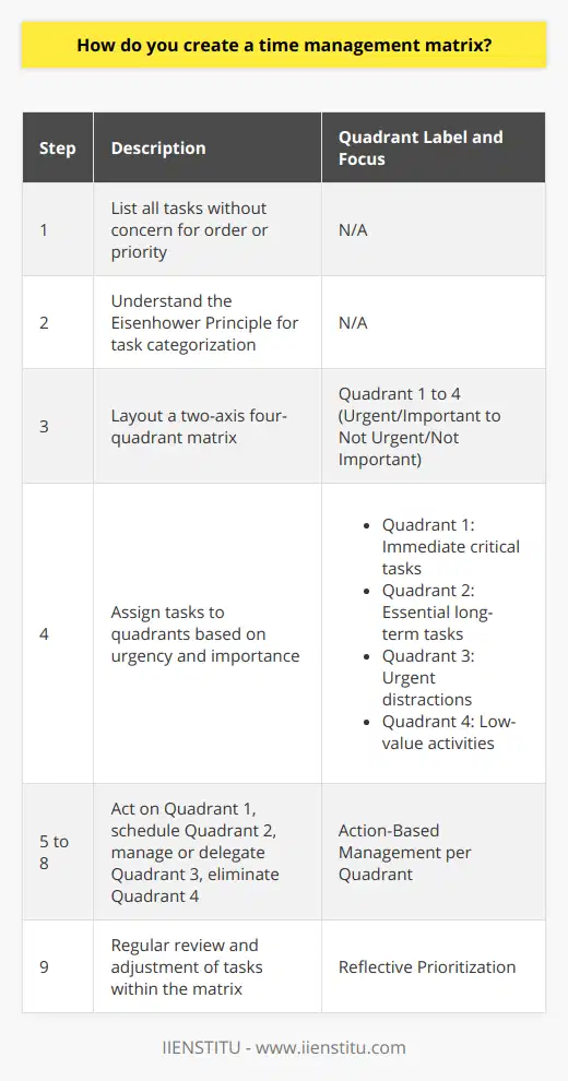 Creating a time management matrix is an essential tool to enhance productivity and ensure that you effectively prioritize your tasks according to their level of urgency and importance. Here's how to create a time management matrix that will help you manage your commitments more efficiently:**Step 1: List Your Tasks**The first step in creating a time management matrix is to generate a comprehensive list of your tasks. Don't worry about the order or priority at this point; just focus on getting everything written down. This list can include all sorts of tasks, ranging from the mundane, like grocery shopping, to high-stakes projects at work.**Step 2: Understand the Eisenhower Principle**The time management matrix is often based on the Eisenhower Principle, which categorizes tasks according to their importance and urgency. **Step 3: Draw the Matrix**Create a four-quadrant matrix on a piece of paper or use a digital tool. Label the quadrants as follows:- Quadrant 1: Urgent and Important- Quadrant 2: Not Urgent but Important- Quadrant 3: Urgent but Not Important- Quadrant 4: Not Urgent and Not Important**Step 4: Assign Each Task a Quadrant**Distribute your listed tasks among the four quadrants based on these criteria:- Quadrant 1 tasks require immediate action and are crucial for your success or well-being.- Quadrant 2 tasks are the foundation of effective personal and professional development. These are critical but don't need to be done right this moment.- Quadrant 3 tasks are the interruptions and distractions that may appear urgent but are not crucial for your long-term successes.- Quadrant 4 tasks are the activities and responsibilities that offer little to no value towards reaching your broader goals.**Step 5: Tackle Your Priorities**Start with Quadrant 1 tasks since they are both urgent and important. Attempt to complete these as soon as possible to avoid stress and potential crises.**Step 6: Plan for Quadrant 2**Quadrant 2 tasks are key to strategic growth and should be given dedicated time in your schedule. Planning and preparation for these tasks are crucial.**Step 7: Manage Quadrant 3**Considering the urgent yet not important tasks in Quadrant 3, determine if you can delegate or reschedule these duties to minimize their impact on your time.**Step 8: Minimize Quadrant 4**Tasks within Quadrant 4 are prime candidates for elimination. They often constitute time-wasters and should be reduced or removed from your schedule where possible.**Step 9: Review and Adapt**Your time management matrix is a dynamic tool. Regularly review it to reflect on the actual relevance and urgency of tasks. As projects progress and situations change, so too should the placement of tasks within your matrix.By following these steps, you can create a personalized time management matrix that helps you visually prioritize your life and work commitments. This aids in making informed decisions about how you allocate your time and effort, ultimately boosting productivity and effectiveness in achieving your most valued goals.Remember, institutes like IIENSTITU can offer additional resources and courses to help refine your time management skills and provide further strategies to succeed in both academics and professional life.