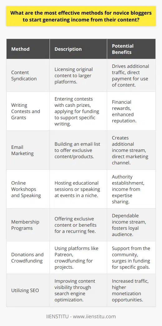 As novice bloggers enter the world of online content creation, monetizing their passion can seem like a daunting task. Yet, there are a multitude of effective methods for these creators to start generating income. Here are some strategies that can help fledgling bloggers turn their content into cash:**Content Syndication**Content syndication is a tactic where bloggers republish their original content on other platforms. This can involve licensing their content to media outlets or websites that cater to larger audiences. Not only can this method help to drive additional traffic back to the original blog, but it can also provide direct payment for the use of the content.**Writing Contests and Grants**A less common but potentially lucrative source of income is participating in writing contests or applying for blogger grants. Contests with cash prizes can offer a financial reward, and if these contests are prestigious, they can also enhance the blogger's reputation. Similarly, grants are offered by organizations looking to support writers who cover specific topics or causes.**Email Marketing**Novice bloggers should not underestimate the power of email marketing. By building an email list and offering exclusive content or products to subscribers, bloggers can create an additional income stream. Email newsletters can have embedded affiliate links or calls to action for readers to purchase products or services.**Online Workshops and Speaking**Bloggers with particular expertise in their niche can also generate income through hosting online workshops or being guest speakers at virtual events. These provide both authority in their subject area and the opportunity to monetize their knowledge and presentation skills.**Membership Programs**Implementing membership programs is an excellent method for monetizing a blog. Such programs offer readers exclusive access to content, community, events, or resources for a recurring fee. This creates a dependable income stream while fostering a loyal audience.**Donations and Crowdfunding**Another unconventional method is the use of donation platforms or crowdfunding. Platforms like Patreon allow fans to support bloggers through monthly contributions. Crowdfunding for specific projects or causes related to the blog's content can also yield sudden surges in funding.**Utilizing Search Engine Optimization (SEO)**Finally, it's essential for novice bloggers to utilize SEO to ensure their content is visible to potential readers through search engines. Proper keyword usage, link building, and creating high-quality content are all components of SEO that can lead to increased traffic and, subsequently, more opportunities for monetization.In combination with using platforms like IIENSTITU for blogging education and staying updated with the latest monetization trends, bloggers can set themselves up for a steady income stream while growing their online presence.To wrap it up, novice bloggers have a variety of methods at their disposal to start earning money from their content. From direct advertising to leveraging expertise, these methods can be mixed, matched, and tailored to fit the blogger's content and audience for the optimum income generation. The key is to remain genuine and provide value, which will in turn create a strong foundation for monetization.