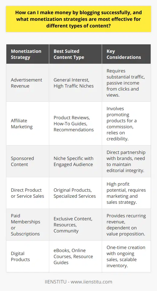 Making money through blogging requires a blend of strategic content creation and savvy monetization. To establish a profitable blog, it's essential to provide value to your audience through engaging, informative content tailored to their interests and needs. Here's how to navigate the realm of blog monetization with efficacy.Choosing Your Niche with PrecisionThe foundation of a lucrative blog is a well-defined niche. Focus on topics where you can offer unique insights or perspectives, as these will help you stand out in a crowded blogosphere. Quality content is king, but relevance is its queen; together, they rule the domain of profitable blogging.Crafting Premium Quality ContentHigh-quality content is non-negotiable. Your blog should deliver articles that are not only grammatically flawless but also rich in information, providing your audience with genuine value. This approach fosters trust and positions you as an authority figure within your niche.Diverse Monetization StrategiesWhen it comes to monetization, a multifaceted approach works best. Here are several strategies aligned with different types of content:1. Advertisement Revenue: If your blog garners significant traffic, placing ads through platforms like Google AdSense can offer a steady revenue stream. This method suits generalist or high-traffic niche blogs. 2. Affiliate Marketing: For blogs centered around product reviews, how-to guides, or recommendations, affiliate marketing is particularly effective. Joining affiliate programs enables you to promote products and earn a commission on clicks or sales made through your links.3. Sponsored Content: Establishing partnerships with brands or businesses can lead to sponsored posts. This method typically works well when you have substantial domain authority and an engaged following within a specific niche.4. Direct Product or Service Sales: Bloggers who create original products or offer specialized services can see significant returns by using their blog as a direct sales channel.5. Paid Memberships or Exclusive Subscriptions: Premium content creators can benefit from membership or subscription models, where readers pay for access to exclusive content, resources, or community engagement.6. Digital Products: Crafting eBooks, online courses, or resource guides relevant to your niche gives you a product that can be sold infinitely without the constraints of physical inventory.Patience and Consistency: The Path to SuccessRemember, monetizing a blog takes time and continuous effort. Cultivate your audience, consistently deliver valuable content, and stay abreast of monetization opportunities and trends.By combining your passion for content creation with these monetization tactics, you can transform your blogging from a hobby into a sustainable income source. Stay patient, stay persistent, and keep learning, and you'll set yourself on a path to successful blogging.