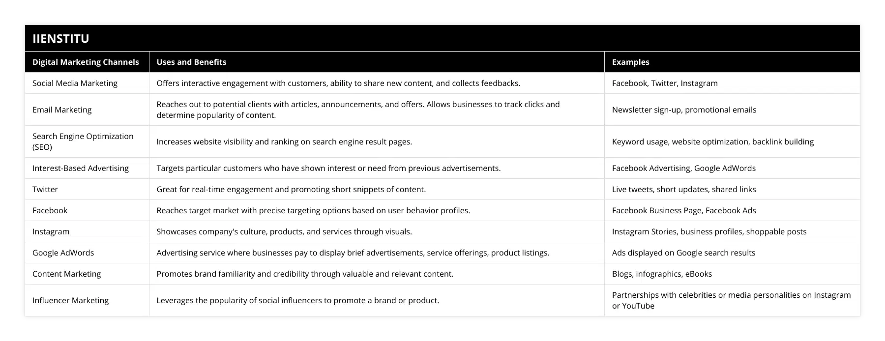 Social Media Marketing, Offers interactive engagement with customers, ability to share new content, and collects feedbacks, Facebook, Twitter, Instagram, Email Marketing, Reaches out to potential clients with articles, announcements, and offers Allows businesses to track clicks and determine popularity of content, Newsletter sign-up, promotional emails, Search Engine Optimization (SEO), Increases website visibility and ranking on search engine result pages, Keyword usage, website optimization, backlink building, Interest-Based Advertising, Targets particular customers who have shown interest or need from previous advertisements, Facebook Advertising, Google AdWords, Twitter, Great for real-time engagement and promoting short snippets of content, Live tweets, short updates, shared links, Facebook, Reaches target market with precise targeting options based on user behavior profiles, Facebook Business Page, Facebook Ads, Instagram, Showcases company's culture, products, and services through visuals, Instagram Stories, business profiles, shoppable posts, Google AdWords, Advertising service where businesses pay to display brief advertisements, service offerings, product listings, Ads displayed on Google search results, Content Marketing, Promotes brand familiarity and credibility through valuable and relevant content, Blogs, infographics, eBooks, Influencer Marketing, Leverages the popularity of social influencers to promote a brand or product, Partnerships with celebrities or media personalities on Instagram or YouTube