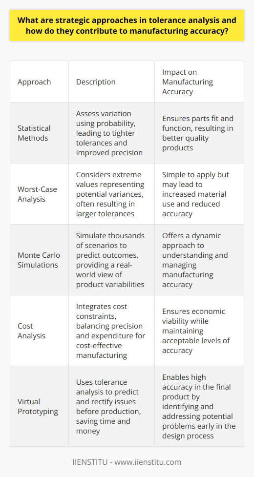 Understanding Tolerance Analysis Tolerance analysis stands critical in manufacturing. It ensures parts fit and function. Engineers use it to predict variability. This results from manufacturing processes. It, therefore, informs design and production decisions. Strategic Approaches Explained Statistical methods  are foundational. They assess variation using probability. This strategy improves precision. It leads to better quality. Engineers use statistical models. These models inform tighter tolerances.  Worst-case analysis  is another strategy. It considers the extreme values. These values represent potential variances. It is simple to apply. However, it often results in larger tolerances. This means more material use. Monte Carlo simulations  offer a dynamic approach. They simulate thousands of scenarios. Through this, they predict outcomes. This method gives a real-world view of product variabilities. - Cost Analysis integrates cost constraints. It balances precision and expenditure. It prompts cost-effective manufacturing. This approach values economic viability. Impact on Manufacturing Accuracy Tolerance analysis guides design.  It influences dimensions and fits.  Accuracy  is crucial for part assembly. Tolerances dictate this accuracy. They ensure interchangeability. This is vital in mass production. Assembly buildup analysis  allows for the study of part accumulation. It assesses how each part’s tolerances sum up. Too much variation can cause part failure. Virtual prototyping  saves time and money. It uses tolerance analysis to predict issues. Engineers rectify these issues before production. This ensures high accuracy in the final product. Tolerance Analysis for Continuous Improvement Manufacturers aim for lean production. Tolerance analysis enables this. It reduces waste. It improves product consistency. Over time, analysis data provides insights. Manufacturers use these to refine processes. This continuous improvement is key. It leads to better manufacturing accuracy, cost savings, and product quality.