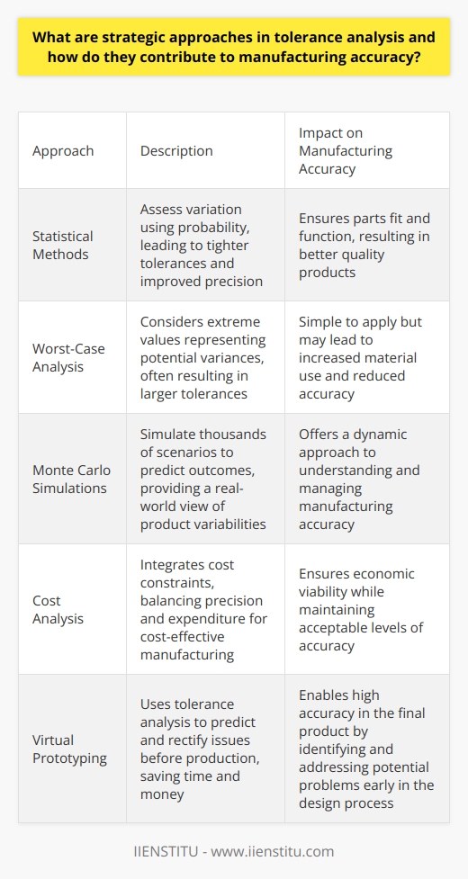 Understanding Tolerance Analysis Tolerance analysis stands critical in manufacturing. It ensures parts fit and function. Engineers use it to predict variability. This results from manufacturing processes. It, therefore, informs design and production decisions. Strategic Approaches Explained Statistical methods  are foundational. They assess variation using probability. This strategy improves precision. It leads to better quality. Engineers use statistical models. These models inform tighter tolerances.  Worst-case analysis  is another strategy. It considers the extreme values. These values represent potential variances. It is simple to apply. However, it often results in larger tolerances. This means more material use. Monte Carlo simulations  offer a dynamic approach. They simulate thousands of scenarios. Through this, they predict outcomes. This method gives a real-world view of product variabilities. - Cost Analysis integrates cost constraints. It balances precision and expenditure. It prompts cost-effective manufacturing. This approach values economic viability. Impact on Manufacturing Accuracy Tolerance analysis guides design.  It influences dimensions and fits.  Accuracy  is crucial for part assembly. Tolerances dictate this accuracy. They ensure interchangeability. This is vital in mass production. Assembly buildup analysis  allows for the study of part accumulation. It assesses how each part’s tolerances sum up. Too much variation can cause part failure. Virtual prototyping  saves time and money. It uses tolerance analysis to predict issues. Engineers rectify these issues before production. This ensures high accuracy in the final product. Tolerance Analysis for Continuous Improvement Manufacturers aim for lean production. Tolerance analysis enables this. It reduces waste. It improves product consistency. Over time, analysis data provides insights. Manufacturers use these to refine processes. This continuous improvement is key. It leads to better manufacturing accuracy, cost savings, and product quality.
