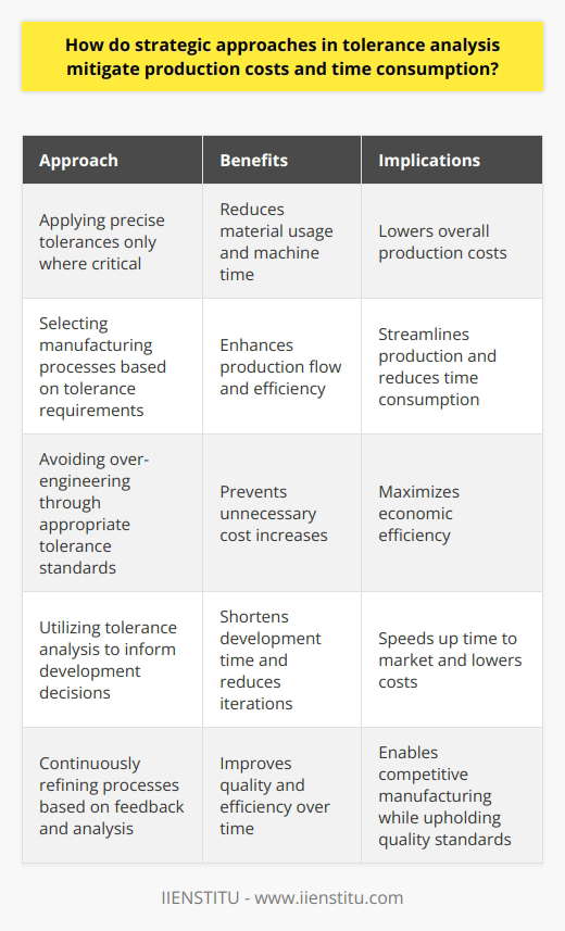 Tolerance Analysis in Production Understanding Tolerance Analysis Tolerance analysis  matters. It involves detailed assessments. These assessments examine potential variations. Dimensions and physical properties fall within these variations. Why do they matter? They ensure parts fit. They function properly. They allow for imperfections. Strategic Approaches Strategies guide tolerance decisions. They reduce waste. They optimize production. The focus is on critical components. Non-critical features offer flexibility. Engineers seek balance. The aim is for cost-effectiveness. They prioritize functionality. Reducing Production Costs Precise tolerances are expensive. They demand more resources. They require high precision.  Looser tolerances save money . They are easier to achieve. They are less time-consuming. They use simpler operations. This approach lowers costs.  Efficient Resource Allocation Resources become better allocated. Tight tolerances apply where needed. Less critical areas get relaxed tolerances. This reduces material use. It lessens machine time. It lowers the overall budget. Avoiding Over-Engineering Over-engineering leads to wasted effort. It lacks economic sense. Costs rise unnecessarily. Tolerance analysis prevents this. It recommends appropriate standards. It maximizes efficiency. Streamlining Production Processes Analysis informs process choices. Some processes deliver tight tolerances. Others offer speed. Strategic analysis selects wisely. Processes match parts requirements. This enhances manufacturing flow. Minimizing Time Consumption Time is crucial. Detailed analysis shortens development. It finds the best methods. It outlines efficient steps. Production speeds up. Iterations decrease. Costs drop. Maximizing Quality Quality remains a priority. Tolerance analysis ensures it. It maintains part functionality. It respects design criteria. The result is a reliable product. Continuous Improvement Strategies evolve. Feedback informs analysis. It leads to process refinement. Quality and efficiency increase. Costs further reduce. Time on the market decreases. Conclusion Strategic tolerance analysis pays off. It mitigates production costs. It reduces time consumption. It is a necessary discipline. It ensures economic efficiency. It enables competitive manufacturing. All while upholding quality standards.