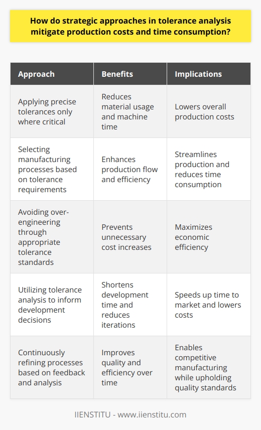 Tolerance Analysis in Production Understanding Tolerance Analysis Tolerance analysis matters. It involves detailed assessments. These assessments examine potential variations. Dimensions and physical properties fall within these variations. Why do they matter? They ensure parts fit. They function properly. They allow for imperfections. Strategic Approaches Strategies guide tolerance decisions. They reduce waste. They optimize production. The focus is on critical components. Non-critical features offer flexibility. Engineers seek balance. The aim is for cost-effectiveness. They prioritize functionality. Reducing Production Costs Precise tolerances are expensive. They demand more resources. They require high precision. Looser tolerances save money . They are easier to achieve. They are less time-consuming. They use simpler operations. This approach lowers costs. Efficient Resource Allocation Resources become better allocated. Tight tolerances apply where needed. Less critical areas get relaxed tolerances. This reduces material use. It lessens machine time. It lowers the overall budget. Avoiding Over-Engineering Over-engineering leads to wasted effort. It lacks economic sense. Costs rise unnecessarily. Tolerance analysis prevents this. It recommends appropriate standards. It maximizes efficiency. Streamlining Production Processes Analysis informs process choices. Some processes deliver tight tolerances. Others offer speed. Strategic analysis selects wisely. Processes match parts requirements. This enhances manufacturing flow. Minimizing Time Consumption Time is crucial. Detailed analysis shortens development. It finds the best methods. It outlines efficient steps. Production speeds up. Iterations decrease. Costs drop. Maximizing Quality Quality remains a priority. Tolerance analysis ensures it. It maintains part functionality. It respects design criteria. The result is a reliable product. Continuous Improvement Strategies evolve. Feedback informs analysis. It leads to process refinement. Quality and efficiency increase. Costs further reduce. Time on the market decreases. Conclusion Strategic tolerance analysis pays off. It mitigates production costs. It reduces time consumption. It is a necessary discipline. It ensures economic efficiency. It enables competitive manufacturing. All while upholding quality standards.