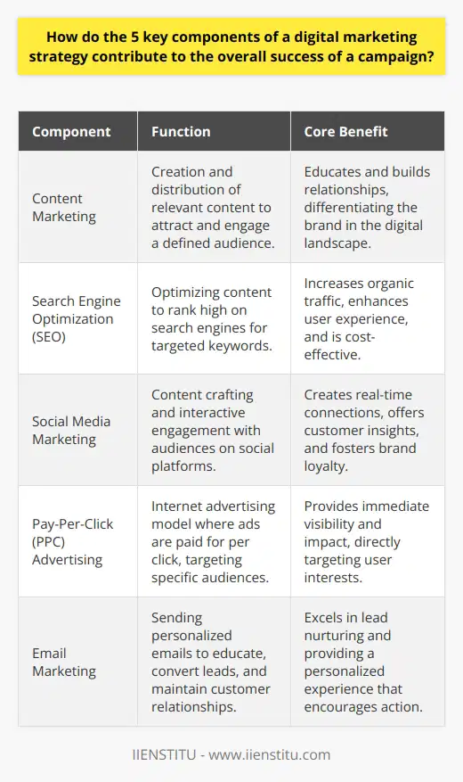 Digital marketing in today's business world is an indispensable tool for reaching and engaging with consumers. The success of a digital marketing strategy hinges upon the integrated performance of its five key components, each serving a unique function while also complementing the others. These components are content marketing, search engine optimization (SEO), social media marketing, pay-per-click (PPC) advertising, and email marketing.Content Marketing: The Substance of EngagementContent marketing is the strategic creation and distribution of valuable, relevant, and consistent content to attract and retain a clearly-defined audience. It is about telling your brand's story in a way that resonates with your target customers, addressing their needs and interests. Effective content marketing not only educates potential customers but also builds a relationship with them, making it easier to guide them through the sales funnel. This storytelling can set a brand apart in a crowded digital space.Search Engine Optimization: The Magnet for Online PresenceSEO is the process of optimizing digital content so that it appears among the top results on search engines like Google when users search for specific keywords or phrases. It's the digital magnet that attracts potential customers to your content. SEO practices include researching keywords, optimizing website speed, and creating high-quality content that search engines deem valuable for users. This organic endeavor increases website traffic, enhances user experience, and is cost-effective over time.Social Media Marketing: The Window for Engagement and FeedbackThe power of social media lies in its ability to connect brands with consumers where they spend a significant amount of their time. Each platform offers unique ways to engage with diverse audiences. Social media marketing involves crafting tailored content, managing posts, interacting with followers, and analyzing engagement data. This real-time connection not just offers a glimpse into customer preferences but also fosters brand loyalty through consistent engagement.Pay-Per-Click Advertising: The Catalyst for Immediate ImpactPPC advertising is a model of internet marketing in which advertisers pay a fee each time their ads are clicked. This approach allows for immediate visibility on search engines and websites. PPC campaigns can target users based on demographics, interests, and more, ensuring that the advertising is highly relevant and often results in immediate traffic and conversions. It's a powerful tool for brands that want quick results and are willing to invest in gaining customer attention rapidly.Email Marketing: The Personal Touch in Digital ConversationsEmail marketing is a form of direct marketing that uses personalized emails to educate and convert leads, as well as maintain relationships with existing customers. By segmenting email lists based on user behavior or demographics, companies can deliver highly personalized content that is relevant to each recipient. Email marketing excels in nurturing leads, providing them with targeted information, and encouraging them to take action, thus solidifying the relationship between the brand and the customer.Ultimately, these five components form a cohesive framework for a successful digital marketing strategy. Content marketing and SEO work in concert to draw in customers. Social media amplifies this content and fosters community. PPC puts the brand in the spotlight and drives immediate action, while email marketing nurtures and maintains that connection over time. A company that skillfully weaves these components together can expect not just short-term gains, but the establishment of a long-term digital presence that consistently drives growth and customer satisfaction.