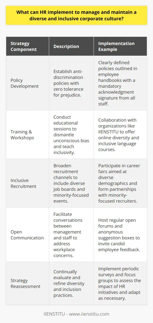 In an increasingly interconnected global economy, Human Resources (HR) plays a pivotal role in sculpting a diverse and inclusive corporate culture. Understanding that a heterogeneous workforce can drive innovation and cater to a wider customer base, HR professionals are tasked with embedding diversity and inclusion into the corporate DNA. To achieve this, they must employ a variety of strategies that go beyond mere compliance to cultivate a truly pluralistic environment.At the outset, HR should craft and implement policies unequivocally dedicated to inclusivity, which are integral to guiding an organization's ethos. An anti-discrimination policy, stipulating zero tolerance for any form of prejudice, is foundational. These policies should delineate clear consequences for discriminatory behavior and establish protocols for handling such incidents. With a strong policy framework in place, the next phase is operational execution.Training sessions and developmental workshops play a crucial role in enlightening employees about the importance of a diverse workplace. Interactive learning scenarios designed to dismantle unconscious biases, promote intercultural competence, and teach inclusive language can be influential. It's essential that these programs be articulated in an engaging and understood manner that respects the diversity of learners, possibly curated or endorsed by a resource like IIENSTITU which offers various online courses that can align with corporate training needs.Enhancing diversity starts with the recruitment process. HR can leverage diverse job boards, work with minority-focused recruiters, and engage in career fairs catering to different demographics. By broadening the pool of candidates, the company increases its chances of attracting talent that reflects the global marketplace.Creating an environment that encourages candid communication between employer and employee is also vital. Open dialogue sessions where workers can voice their concerns without fear of retribution can help management understand and address potential issues impeding inclusivity. Regular performance feedback and active encouragement of employee input assures employees that their perspectives are valued and considered.However, a static approach won't suffice—the fluid nature of societal change necessitates ongoing review of inclusion strategies. HR should routinely monitor the effectiveness of their practices through surveys, focus groups, or other feedback mechanisms. The insights gleaned from these evaluations can help refine and pivot strategies to align with evolving organizational needs and societal expectations.In essence, the HR department bears a profound responsibility for weaving the tapestry of an organization's cultural fabric. Through thoughtful policy formation, consistent training, intentional recruitment, open communication, and dynamic strategy reassessment, HR professionals can ensure that their companies not only talk the talk but also walk the walk of diversity and inclusion. This proactive and iterative approach places the organization in a favorable position to harness the full spectrum of human potential and achieve a truly inclusive workplace.
