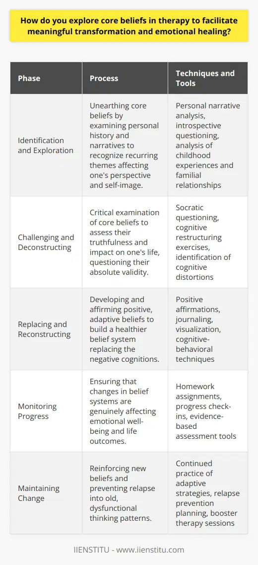 Exploring core beliefs in therapy is a crucial component of the therapeutic process, designed to examine and shift the foundational thoughts that often dictate an individual's emotions and behaviors. These core beliefs, typically formed in early childhood, serve as an underlying framework for interpreting the world. Therapy aims to uncover and modify these beliefs to support personal growth and emotional healing.Identification and ExplorationThe journey begins with identifying core beliefs, a task that requires a therapist's expertise in guiding clients to peel back the layers of their psyche. Therapists encourage clients to explore their personal narratives, and through this introspection, clients may discover recurring themes that have shaped their outlook and self-concept. This exploration often delves into childhood experiences, familial relationships, and significant life events that have cemented certain thought patterns.Challenging and DeconstructingOnce these core beliefs are brought to the forefront, the process of challenging them can begin. Therapists guide clients in deconstructing these long-held beliefs, prompting them to ask difficult questions: Are these beliefs absolute truths, or are they distorted perceptions? How do they serve the individual, and what are their consequences? Through techniques like Socratic questioning, therapists help clients evaluate and question the validity and functionality of their beliefs.Replacing and ReconstructingIdentifying and deconstructing negative beliefs is only part of the process; the ultimate goal is to reconstruct a healthier belief system. This phase is about building and reinforcing positive, adaptive beliefs. Techniques such as positive affirmations, journaling, and visualization exercises are often incorporated into sessions to embed new, constructive beliefs into the client's mindset.Monitoring Progress and Maintaining ChangeTracking progress is essential in ensuring that the changes in beliefs translate into real-world emotional healing. Therapists may employ various methods such as homework assignments, regular check-ins, and evidence-based assessment tools to monitor the client's progress. This ongoing assessment helps to reinforce the new beliefs, making them more resilient against life's challenges.In essence, the therapeutic examination of core beliefs is a transformative process that combines identification, confrontation, and reconstruction. It is by working on these deep-seated convictions that clients can initiate profound change, leading them towards a path of greater self-understanding, emotional regulation, and overall wellbeing. With persistent effort and guided therapeutic support, such as that offered by specialists at institutes like IIENSTITU, individuals can learn to navigate their emotional landscapes more effectively, facilitating lasting healing and personal growth.