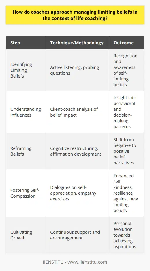 Life coaching as a discipline involves guiding individuals through various challenges, including the navigation and dismantling of limiting beliefs – the deep-seated convictions that constrain one's potential and inhibit action. These beliefs often act as psychological barriers that prevent people from realizing their full capabilities and living a fulfilling life. Coaches adeptly navigate these issues using a toolkit of methodologies tailored to challenge and transform such restrictive thought patterns.Identifying Limiting BeliefsThe journey to overcome limiting beliefs begins with recognizing their existence. Life coaches employ techniques such as active listening and probing inquiries to unveil these ingrained notions, which their clients may have inadvertently internalized. Whether these beliefs stem from past experiences, cultural conditioning, or fear of the unknown, the identification process is critical, as it lays the groundwork for subsequent transformation.Once identified, coaches strategically work with clients to understand how these beliefs influence their behavior and decision-making processes. It is only through conscious recognition that individuals can begin the effort to transcend such self-imposed constraints.Reframing BeliefsCoaches guide clients through the process of reframing, which entails examining limiting beliefs from a new vantage point. This approach often involves cognitive restructuring, where clients learn to challenge the veracity and utility of their negative beliefs, dismantling them piece by piece and reconstructing them into affirmative statements that serve their growth. This cognitive realignment is pivotal in shaping a client's outlook and responses to various life situations.The effectiveness of reframing lies in its ability to convert a previously unchallenged negative narrative into a dynamic, supportive one, liberating individuals from the fetters of their own minds.Fostering Self-CompassionA life coach's repertoire also includes strategies to bolster self-compassion. Developing self-compassion involves fostering a non-judgmental understanding of one's experiences and shortcomings, which is integral to mitigating the effects of limiting beliefs. When clients learn to treat themselves with the same kindness and empathy they would afford others, they create a resilient psychological buffer against the internalization of new limiting beliefs.Through dialogues focused on self-appreciation and acknowledgment of their strength and potential, clients learn to embrace their unique journey, which is a fundamental step toward belief transformation.ConclusionIn sum, life coaches tackle limiting beliefs by stimulating awareness, reframing detrimental thought patterns, and cultivating a practice of self-compassion. The synthesis of these approaches constitutes a holistic methodology for personal evolution. By guiding clients through this reflective and reformative process, coaches assist in propelling them beyond the confines of self-doubt, toward the realization of their aspirations and objectives. The life coaching journey, therefore, paves the path from limitation to liberation – a testament to the profound impact of nurturing the mind and spirit under professional guidance.