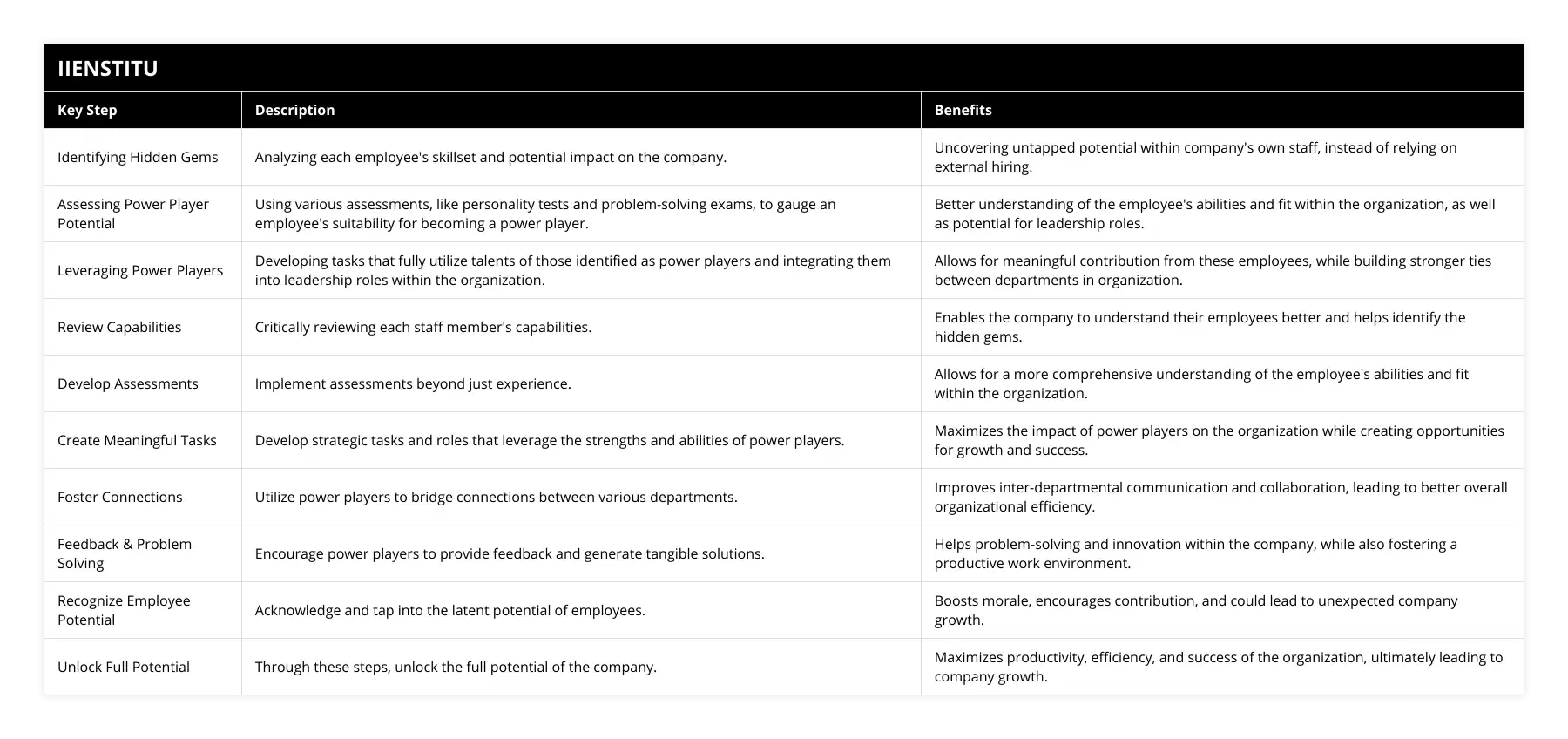 Identifying Hidden Gems, Analyzing each employee's skillset and potential impact on the company, Uncovering untapped potential within company's own staff, instead of relying on external hiring, Assessing Power Player Potential, Using various assessments, like personality tests and problem-solving exams, to gauge an employee's suitability for becoming a power player, Better understanding of the employee's abilities and fit within the organization, as well as potential for leadership roles, Leveraging Power Players, Developing tasks that fully utilize talents of those identified as power players and integrating them into leadership roles within the organization, Allows for meaningful contribution from these employees, while building stronger ties between departments in organization, Review Capabilities, Critically reviewing each staff member's capabilities, Enables the company to understand their employees better and helps identify the hidden gems, Develop Assessments, Implement assessments beyond just experience, Allows for a more comprehensive understanding of the employee's abilities and fit within the organization, Create Meaningful Tasks, Develop strategic tasks and roles that leverage the strengths and abilities of power players, Maximizes the impact of power players on the organization while creating opportunities for growth and success, Foster Connections, Utilize power players to bridge connections between various departments, Improves inter-departmental communication and collaboration, leading to better overall organizational efficiency, Feedback & Problem Solving, Encourage power players to provide feedback and generate tangible solutions, Helps problem-solving and innovation within the company, while also fostering a productive work environment, Recognize Employee Potential, Acknowledge and tap into the latent potential of employees, Boosts morale, encourages contribution, and could lead to unexpected company growth, Unlock Full Potential, Through these steps, unlock the full potential of the company, Maximizes productivity, efficiency, and success of the organization, ultimately leading to company growth