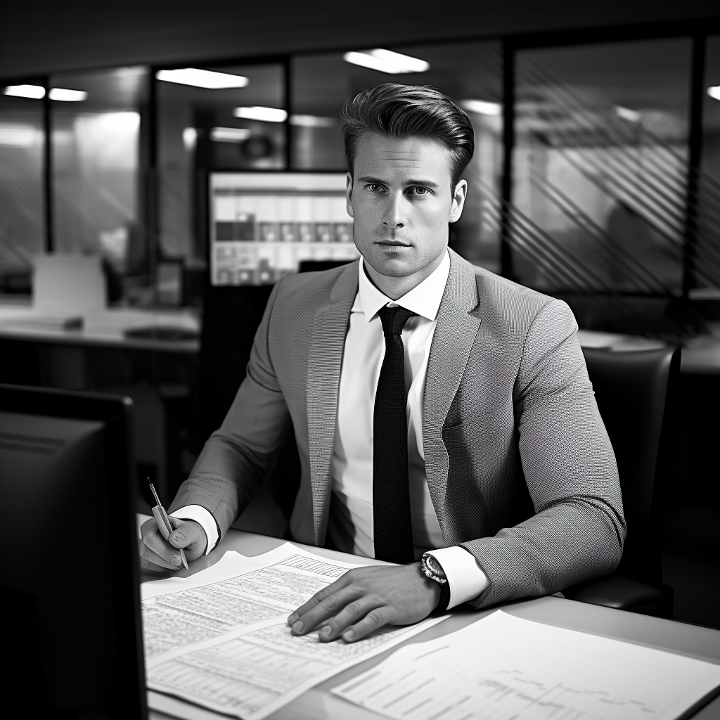 black and white, office, desk, business suit, serious expression, computer screen, spreadsheet, salary, HR professional, experience, qualifications, industry, location, satisfaction,