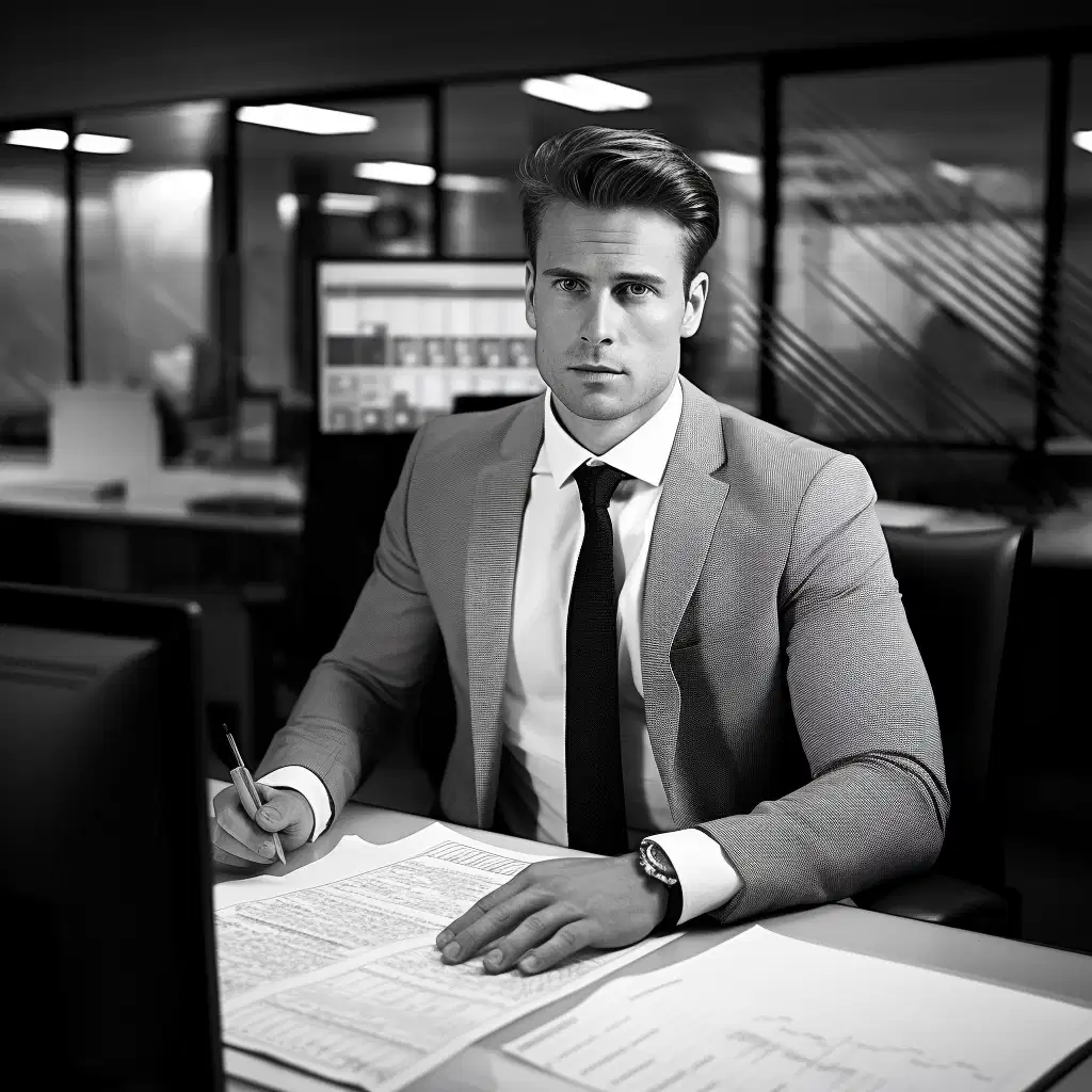 black and white, office, desk, business suit, serious expression, computer screen, spreadsheet, salary, HR professional, experience, qualifications, industry, location, satisfaction,