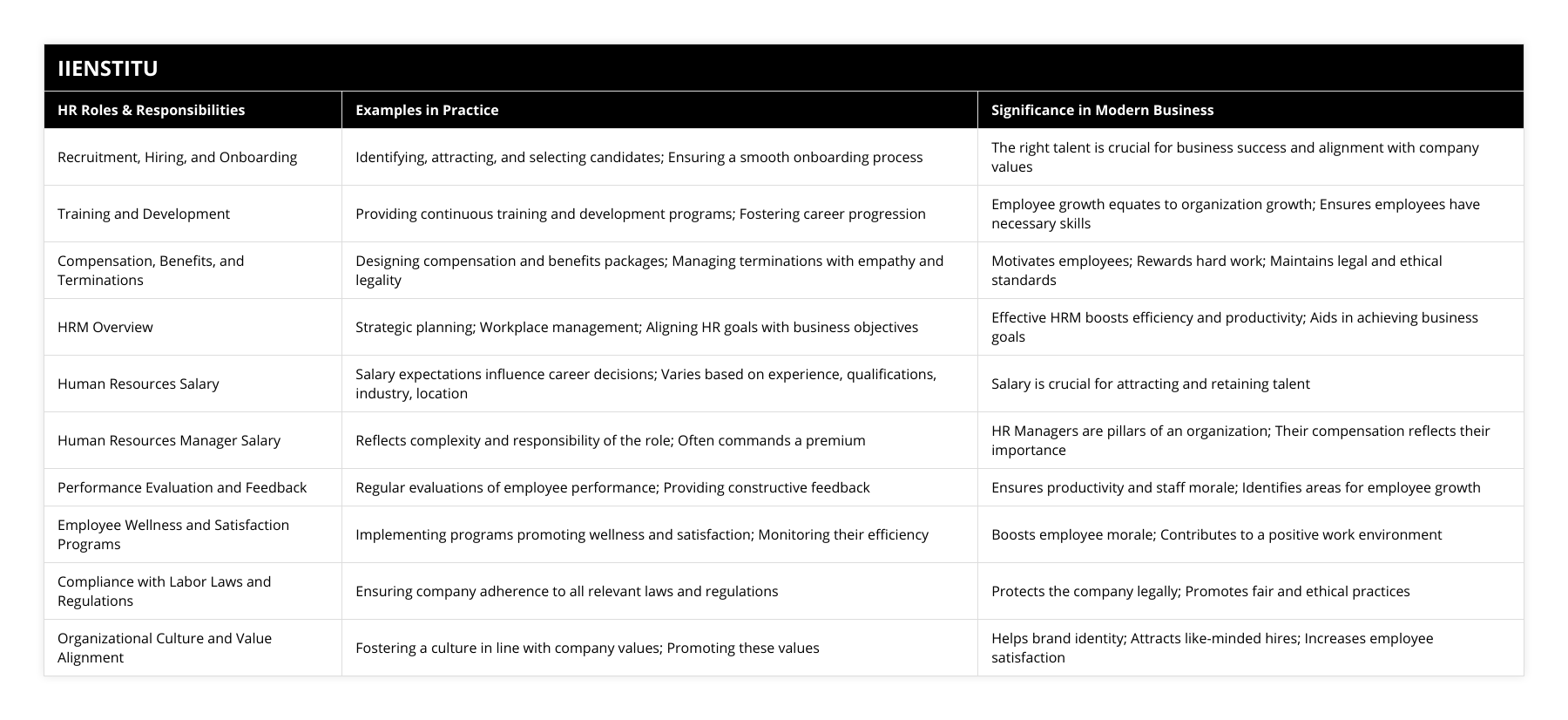Recruitment, Hiring, and Onboarding, Identifying, attracting, and selecting candidates; Ensuring a smooth onboarding process, The right talent is crucial for business success and alignment with company values, Training and Development, Providing continuous training and development programs; Fostering career progression, Employee growth equates to organization growth; Ensures employees have necessary skills, Compensation, Benefits, and Terminations, Designing compensation and benefits packages; Managing terminations with empathy and legality, Motivates employees; Rewards hard work; Maintains legal and ethical standards, HRM Overview, Strategic planning; Workplace management; Aligning HR goals with business objectives, Effective HRM boosts efficiency and productivity; Aids in achieving business goals, Human Resources Salary, Salary expectations influence career decisions; Varies based on experience, qualifications, industry, location, Salary is crucial for attracting and retaining talent, Human Resources Manager Salary, Reflects complexity and responsibility of the role; Often commands a premium, HR Managers are pillars of an organization; Their compensation reflects their importance, Performance Evaluation and Feedback, Regular evaluations of employee performance; Providing constructive feedback, Ensures productivity and staff morale; Identifies areas for employee growth, Employee Wellness and Satisfaction Programs, Implementing programs promoting wellness and satisfaction; Monitoring their efficiency, Boosts employee morale; Contributes to a positive work environment, Compliance with Labor Laws and Regulations, Ensuring company adherence to all relevant laws and regulations, Protects the company legally; Promotes fair and ethical practices, Organizational Culture and Value Alignment, Fostering a culture in line with company values; Promoting these values, Helps brand identity; Attracts like-minded hires; Increases employee satisfaction