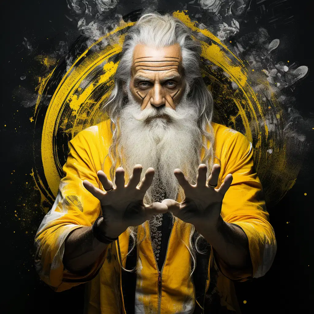 Spiritual coach, athlete parallel, guidance, holistic personal development, sanctuary of trust, age-old wisdom, modern dilemmas, yellow, black, white, Youtube cover imagery, impressive, detailed