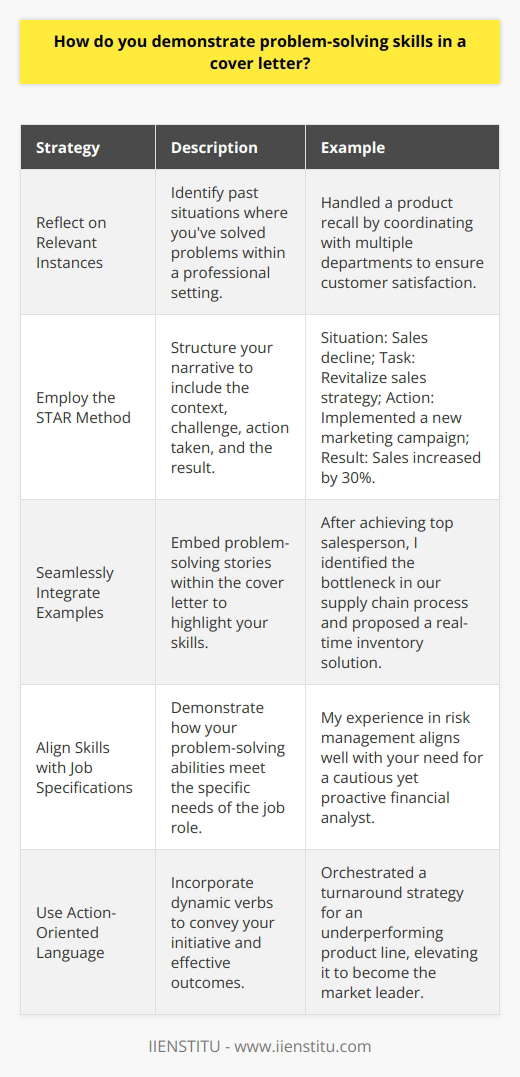 Demonstrating Problem-Solving Skills in a Cover LetterShowcasing your problem-solving skills in a cover letter can set you apart from other candidates by highlighting your ability to effectively deal with challenges. Here’s how you can demonstrate these important skills in a way that captures the attention of potential employers.Start by Reflecting on Relevant InstancesReflect on your professional history to find examples where you’ve effectively solved problems. These could be situations where you’ve navigated complex projects, resolved customer issues, or led a team through a difficult transition.Use the STAR Method to Structure Your NarrativeEmploy the STAR (Situation, Task, Action, Result) method to articulate your experiences:- Situation: Briefly describe the context within which you encountered a problem.- Task: Explain the challenge and what needed to be done.- Action: Describe the specific steps you took to address the problem.- Result: Share the outcomes of your actions, highlighting your impact.Incorporate these elements into a concise narrative that demonstrates your problem-solving process and its positive impact.Integrate Examples into Your Cover LetterUse your cover letter to seamless integrate these stories. After outlining your qualifications, introduce a key problem-solving example. Make sure it is relevant and complements the narrative of your overall professional achievements.Match Your Problem-Solving Skills with the Job SpecificationsStudy the job description closely. Identify how your problem-solving abilities line up with the specific needs of the role you’re applying for. Make sure to articulate this alignment clearly in your cover letter, demonstrating that you not only have the skills but also a deep understanding of how they apply to the potential job.Choose Action-Oriented LanguagePower words or action verbs like 'orchestrated', 'engineered', 'rectified', or 'innovated' can add energy to your cover letter. These words help paint a picture of you as someone who takes initiative and gets results.By following these strategies, your cover letter will effectively showcase your problem-solving skills in a compelling way. Employers will not only see what you are capable of but also how you can directly contribute to the success of their organization.