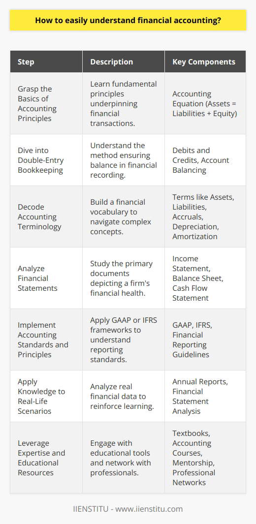 Understanding financial accounting requires a systematic approach, combining theoretical knowledge with practical application. Here is how you can easily understand financial accounting by breaking down the process into more digestible parts.**1. Grasp the Basics of Accounting Principles**Start by learning the fundamental accounting principles that provide the frame of reference for financial transactions. This knowledge includes the foundational 'accounting equation', which states that Assets = Liabilities + Equity, highlighting the relationship between a company's resources and its financial obligations and ownership interests.**2. Dive into Double-Entry Bookkeeping**Financial accounting is based on the double-entry bookkeeping system, where each financial transaction affects at least two accounts. One account is debited, and another is credited for every transaction, ensuring the books are always balanced. Understanding this concept is pivotal to grasping the mechanics of financial recording.**3. Decode Accounting Terminology**The language of finance is filled with specific terms and concepts. Build your vocabulary around words like assets, liabilities, equity, revenues, and expenses. Understanding these will make it easier to navigate through more complex concepts like accruals, which represent earnings or expenses that haven't yet been realized in cash form, and both depreciation and amortization, which spread the cost of an asset over its useful life.**4. Analyze Financial Statements**Learning about the financial statements — income statement, balance sheet, and cash flow statement — is crucial. Each has different information and serves various purposes:- The income statement provides an overview of revenue and expenses, highlighting the firm's profitability.- The balance sheet offers a snapshot of the company's financial position at a single point in time, showing assets, liabilities, and equity.- The cash flow statement explains the changes in cash and cash equivalents, dividing cash flows into operating, investing, and financing activities.**5. Implement Accounting Standards and Principles**A solid understanding of Generally Accepted Accounting Principles (GAAP) or International Financial Reporting Standards (IFRS) ensures you can comprehend and apply the standards that govern financial reporting. These frameworks offer guidelines and best practices for financial accounting, ensuring consistency and comparability across different entities' financial statements.**6. Apply Knowledge to Real-Life Scenarios**Reinforce your learning by applying accounting concepts to real-life cases. Go through the annual reports and financial statements of public companies, observe how they report financial information, and practice analyzing this data. This not only helps solidify your understanding but also provides insights into how accounting principles support business decision-making.**7. Leverage Expertise and Educational Resources**Continuous education is key to mastering financial accounting. Resources like textbooks, accounting courses offered by institutions like the IIENSTITU, reputable online platforms, and connections with industry professionals can all serve as valuable tools in your learning journey. Don’t shy away from asking questions and seeking mentorship; the insights from experienced professionals can prove invaluable.By approaching financial accounting with a structured learning method, a dedication to building from the basics to more complex concepts, and a desire to continually engage with real-world examples, the subject becomes less intimidating and far more interesting and accessible.