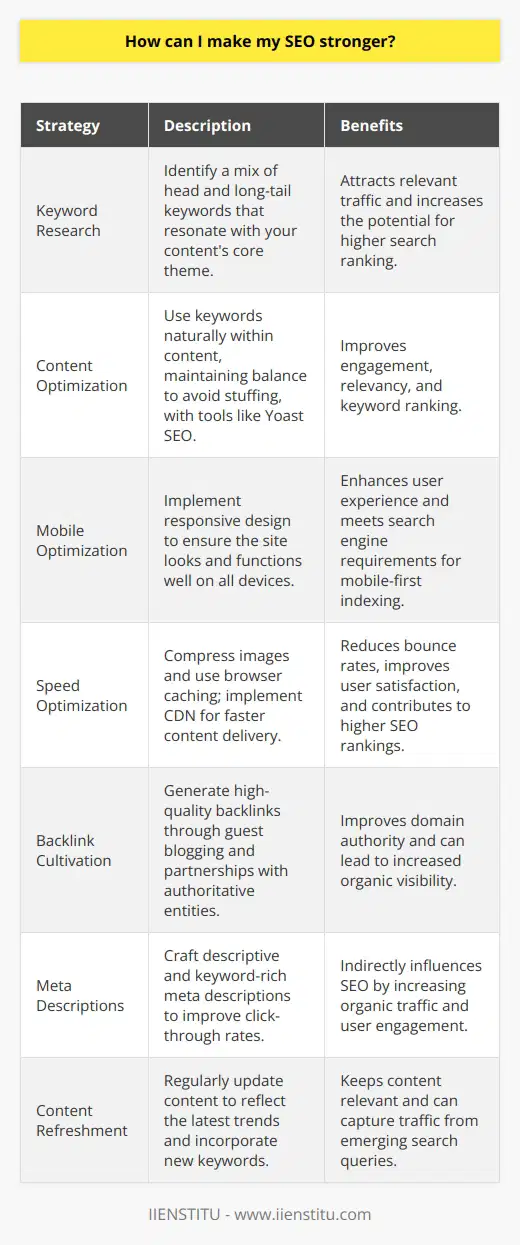 To strengthen your website's SEO, a blend of tactics focused on the nuances of search engine algorithms is essential. Here we explore key strategies tailored to enhance your site's visibility and ranking in search results.Comprehension of Keywords:Grasping the essence of keywords is crucial for robust SEO. When embarking on keyword research, choose terms that epitomize the core of your content. These keywords should not only be relevant but also harbor considerable search traffic potential. Aim for a mixture of head keywords and long-tail keywords. The former is often more generic, while the latter are specific phrases that could draw in more qualified traffic.Refining Your Content:Content optimization means infusing identified keywords naturally throughout your pieces. Each keyword should serve a purpose, fostering a connection with the intended audience. However, always steer clear of keyword stuffing; maintain a delicate balance. Tools like Yoast SEO can help gauge the density and distribution of your keywords.Embrace Mobile Optimization:In today's digital landscape, mobile optimization is non-negotiable. A considerable portion of online searches occur on smartphones, prompting search engines to prioritize mobile-friendly websites. Responsive design techniques will assure that your site is adaptable to various screen sizes, helping it to rise in the ranks.Mind the Speed:Loading speed is an integral factor in maintaining lower bounce rates and sustaining user engagement. Compress images and leverage browser caching to your advantage. Services that optimize speed include those that serve content from the closest geographical server to the user, like a CDN.Cultivate Quality Backlinks:Procure backlinks via content that resonates and provides utility. Connect with authoritative figures and platforms in your niche to create backlink opportunities. Guest blogging is a constructive approach to gaining exposure and accruing valuable backlinks, provided the content aligns well with the host website.Meta Descriptions Matter:The art of crafting compelling meta descriptions should not be overlooked. While they might not be a direct ranking factor, a well-thought-out meta description with a sprouting of keywords can substantially uplift click-through rates, indirectly bolstering your SEO.Content Refreshment:The digital realm is in a constant state of flux, with trends evolving rapidly. Ensuring that your content remains updated and aligned with these shifts is essential. A proactive content update strategy not only demonstrates the relevance of your site but also enables you to introduce a broader array of keywords seamlessly.Achieving a more potent SEO presence necessitates a calculated and consistent execution of these strategies. From meticulous keyword research to forging a mobile-optimized and swiftly loading site, the establishment of a robust backlink portfolio, and the craft of engaging meta descriptions—each element contributes to a superior SEO profile. With ongoing diligence and adaptation to evolving SEO landscapes, your site can enjoy enhanced visibility and higher search rankings.