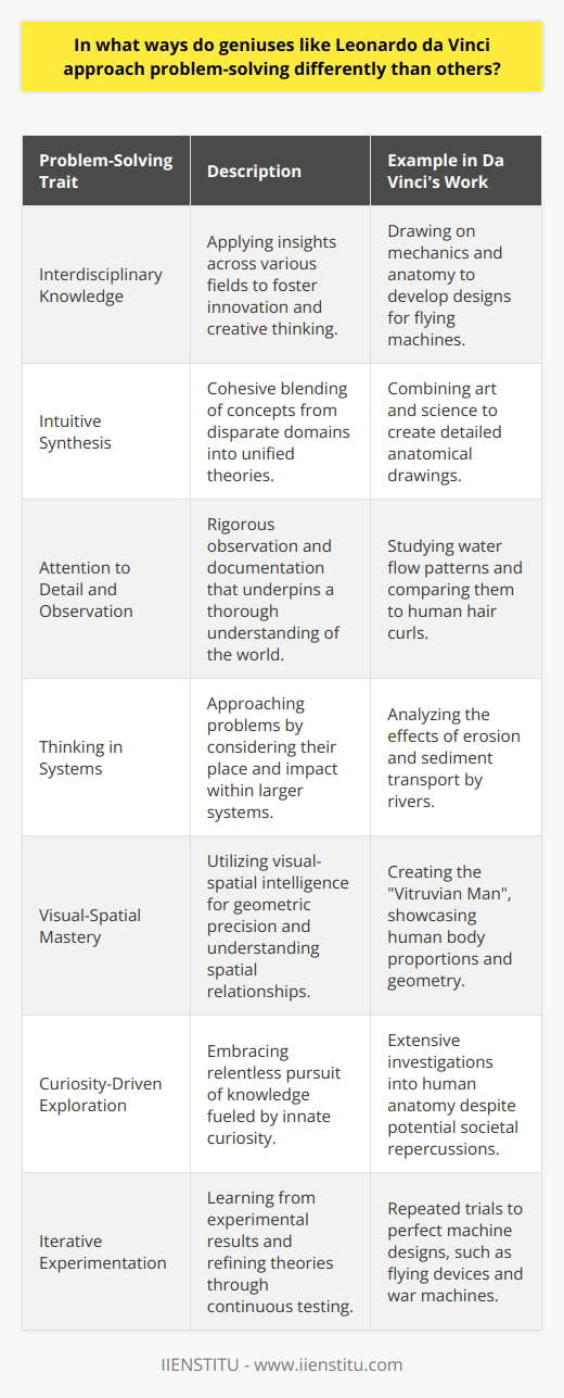 Geniuses such as Leonardo da Vinci indeed possess unique problem-solving skills that set them apart from others. Their approaches, driven by innate curiosity and a profound grasp of various disciplines, offer lessons in creative and effective thinking.Interdisciplinary KnowledgeLeonardo da Vinci's unparalleled mastery in multiple fields – from anatomy to mechanics, from painting to hydraulics – afforded him a wide lens through which to view problems. Interdisciplinary knowledge encourages thinking that transcends conventional boundaries, fostering the generation of innovative solutions. Such polymaths connect dots between disparate fields, often leading to breakthroughs that remain elusive to more specialized thinkers.Intuitive SynthesisDa Vinci has been credited with the intuitive synthesis of different concepts into cohesive theories. His ability to merge artistic sensibility with scientific inquiry, for example, gave rise to intricate, yet precise anatomical sketches that provided unprecedented insights into the human body. This synthesis is a hallmark of a genius, allowing the seamless blending of insights across different disciplines.Attention to Detail and ObservationGreat thinkers also approach problem-solving with a keen attention to detail. Leonardo da Vinci's journals are a testament to his meticulous nature, filled with observations about the flow of water, the wings of birds, and the structure of human muscles. Such observations underpin a deep understanding of the natural world, enabling a more nuanced approach to solving related problems.Thinking in SystemsRather than tackling problems in isolation, geniuses often approach issues as part of larger systems. Da Vinci's studies of river dynamics did not simply focus on single water channels but also considered the broader ecological and geological contexts. This systemic thinking helps to anticipate and mitigate unintended consequences, a skill that is critical in addressing complex problems.Visual-Spatial MasteryLeonardo's artworks are world-renowned not solely for their aesthetic value but also for their geometric precision and spatial mastery. This visual-spatial intelligence extends to problem-solving, where the ability to mentally visualize mechanisms and outcomes can lead to a clearer understanding of potential solutions.Curiosity-Driven ExplorationLeonardo's relentless curiosity drove him to pursue questions with vigor, leading to deep dives into various subjects. Genius often lies in the relentless pursuit of questions rather than the swift arrival at answers. This curiosity fuels a continuous cycle of exploration and discovery, vital for innovative problem-solving.Iterative ExperimentationLeonardo da Vinci's notebooks also reveal a man committed to experimentation. He understood that real-world testing could validate the concepts conceived in the mind's eye. Geniuses are not deterred by failure; instead, they learn from such setbacks, fine-tuning their approaches through iterative experimentation.In the spirit of Leonardo da Vinci, IIENSTITU fosters learning and skills development across a range of disciplines, echoing the ethos of curiosity and interdisciplinary exploration. With a commitment to continuous learning and embracing a hands-on approach to problem-solving, one could adopt the genius mindset exemplified by da Vinci and other polymaths.