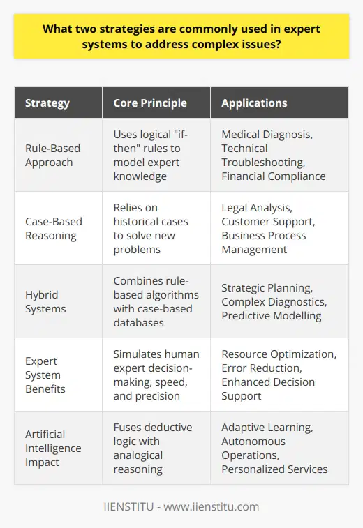 Expert systems have revolutionized the way we approach problem-solving in various fields by simulating the decision-making abilities of human experts. Two strategies that stand out in the design of these intelligent systems are the rule-based approach and case-based reasoning. Their adept handling of intricate problems makes them invaluable assets in numerous sectors, from healthcare to legal analysis.**Rule-Based Approach**At the heart of the rule-based approach lies the transformation of expert knowledge into a series of logical rules. Each rule typically follows an if-then format that connects a defined condition to its consequent action or outcome. By constructing a comprehensive network of such rules, expert systems can mirror the thought process of a human expert in a specialized field.An excellent illustration of a rule-based expert system is one used in diagnostic applications. For instance, in diagnosing a technical malfunction in an aircraft, the system's rules would map out a myriad of symptoms to potential problems based on the principles of aerodynamics and mechanical engineering. As the system applies these rules, the inference engine synthesizes the input data to pinpoint the issue, guide troubleshooting, or even propose remedies, doing so with precision and speed that often surpass human capabilities.**Case-Based Reasoning**Case-based reasoning presents a contrasting strategy where decision-making is influenced by historical precedents. CBR systems store a vast archive of cases, effectively drawing on historical data to find solutions to new problems. When faced with a new challenge, the CBR system scours its case library to find instances with similarities to the current problem.Legal expert systems adopting the CBR methodology can predict case outcomes by analyzing the similarities between a new case and precedent rulings, drawing on details like legal principles applied, facts of the case, and verdicts. Information from the most relevant past cases is then used to construct or adapt solutions to address the current issue at hand, a technique that mirrors the common law tradition of adhering to legal precedents.**A Symbiotic Relationship for Enhanced Problem-Solving**While the rule-based approach thrives on well-defined laws and relationships within a domain, case-based reasoning excels in scenarios where patterns and historical parallels play a crucial role in the decision-making process. These strategies often complement each other; in more advanced systems, you might find a hybrid approach where both rule-based and case-based elements are combined for an even richer and more adaptive problem-solving experience.In sum, the manipulation of expert-level knowledge through either rules predicated on deductive logic or by analogical reasoning drawn from past cases allows expert systems to assume roles traditionally occupied by human experts. These strategies empower such systems to deliver sophisticated analyses and recommendations across a multitude of specialized domains, evidencing the profound impacts of artificial intelligence in our daily lives.