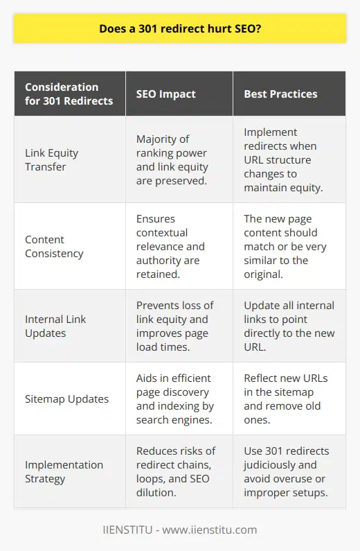 301 redirects are a fundamental aspect of website administration when it comes to moving or deleting content without sacrificing the SEO value accumulated over time. This redirection tells search engines and browsers that the page has been permanently moved, ensuring that any link equity and ranking power associated with the original URL are transferred to the new location.The generalized notion within the SEO community used to be that a 301 redirect would result in a loss of about 10-15% of link equity. However, this concept has evolved with search engines, particularly Google, becoming more proficient at handling 301 redirects. Google has stated that when a 301 redirect is used, it passes the vast majority of link equity (ranking power) to the redirected page. The belief that redirects lead to significant loss in link equity is therefore outdated. Despite this, proper implementation of 301 redirects is crucial to their success. To minimize any potential SEO risks, the content on the new page should ideally be identical or very similar to that on the original page. This similarity ensures that the relevance and context that earned the original URL its authority are maintained. Also critical is the need to update any internal links that previously pointed to the old URL to now point directly to the new URL. This is not only beneficial for SEO by ensuring that link equity isn't wasted on unnecessary redirect chains, but also improves page load times—providing a better user experience.In the context of site architecture, updating the sitemap to reflect the new URLs and removing the old ones is another key step. This presents search engines with a clear and current structure of your website, aiding in the efficient discovery and indexing of the new pages, and preventing any confusion from outdated paths.Furthermore, 301 redirects should be implemented judiciously. Overuse or improper implementation, such as redirect chains (series of redirects from one URL to another) or redirect loops (where the final URL in a redirect chain loops back to an original URL), can create confusion for search engines and users alike, potentially diluting SEO value.To summarize, 301 redirects play an indispensable role in preserving SEO equity during significant changes to a website's URL structure. They do not inherently damage SEO when carefully applied in line with best practices, and continue to be a powerful tool in the website manager's toolkit. It remains essential to approach 301 redirects strategically, ensuring that they align with overall SEO strategy and facilitate a smooth transition to a website's new phase without disrupting the user experience or search engine rankings.