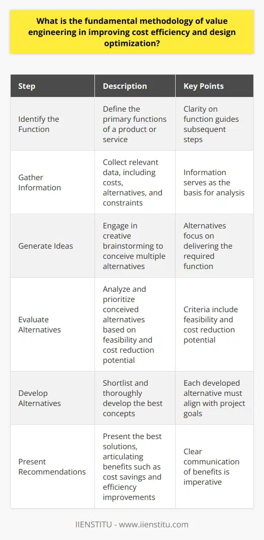 Understanding Value Engineering Value engineering emerges as a systematic method. It focuses on improving cost efficiency and design optimization. This methodology seeks optimum value. Here, value refers to the ratio of function to cost. The Approach to Value Engineering Adopting value engineering involves several steps. Identify the Function First, one must define the primary functions of a product or service. Clarity on function guides the subsequent steps. Gather Information Teams collect relevant data. Costs, alternatives, and constraints are crucial. Information serves as the basis for analysis. Generate Ideas Creative brainstorming follows. Teams conceive multiple alternatives. These alternatives focus on delivering the required function. Evaluate Alternatives Next, groups analyze the conceived alternatives. They prioritize solutions. Criteria include feasibility and cost reduction potential. Develop Alternatives The team shortlists the best concepts. These undergo thorough development. Each must align with the project goals. Present Recommendations Finally, teams present the best solutions. Recommendations must clearly articulate benefits. These include cost savings and efficiency improvements. Benefits of Value Engineering Value engineering offers distinct advantages. Implementation of Value Engineering Success in value engineering calls for comprehensive collaboration. It requires involvement from all stakeholders. Clear communication becomes imperative. Cross-Functional Teamwork Diverse teams bring varied expertise to the process. Each member contributes unique insights. This variety enriches the value engineering process. Value Engineering in Design Optimization In design optimization, value engineering shines. It involves iterative refinement. The goal is matching the design to user needs. Streamlining Designs Simplification marks a critical strategy. Overdesigned products waste resources. Value engineering seeks the essence of functionality. Balancing Cost-Quality Teams strive for an optimal cost-quality mix. Affordability remains key. Yet, teams must not compromise on quality. Value engineering proves vital in many industries. It serves as a tool for cost reduction. It also functions as a means to enhance value. Its methodology integrates well into existing processes. Teams that adopt it see measurable improvements. Thus, value engineering remains a fundamental approach for organizations. It seeks to increase efficiency and optimize design.