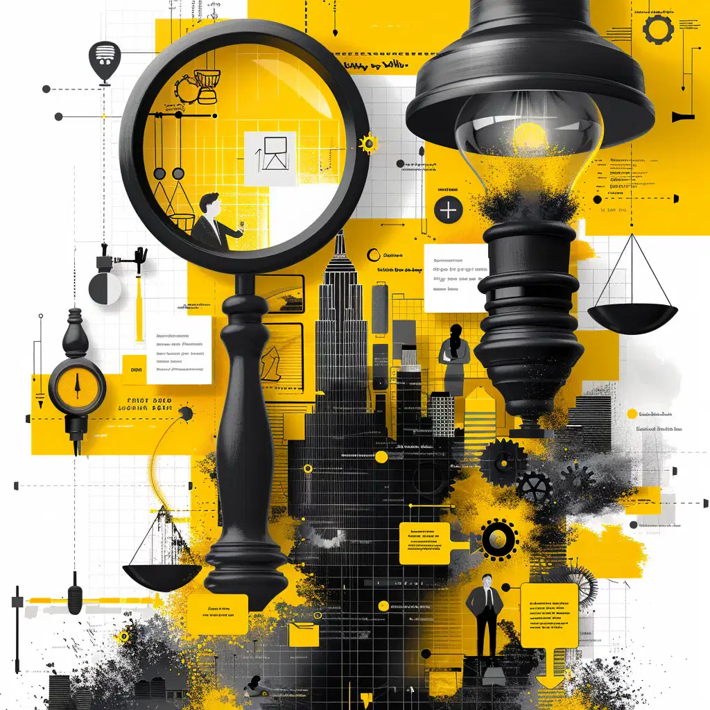 A visually stunning representation unfolds, illustrating recommendations for efficiently utilizing a Weighted Decision Matrix (WDM) using a palette limited to bold yellow, stark black, and crisp white. At the forefront, a magnifying glass hovers over swirling data, symbolizing the importance of understanding the decision context. The magnifying glass, outlined in bold black, signifies the need for thorough research and consultation. Meanwhile, the swirling data, depicted in striking yellow and white, emphasizes the complexity of the decision-making landscape. In the background, a diverse group of individuals collaborates around a table, each contributing to the definition of factors and determination of weights. Speech bubbles, outlined in sharp black lines, float above their heads, containing factors and weights in bold yellow and white text. This highlights the necessity of clear definitions and balanced perspectives in decision-making. As the scene progresses, a set of balanced scales comes into view, symbolizing the importance of a balanced scoring system. The scales, rendered in contrasting black and white, bear symbols representing different criteria, emphasizing the need for consistency and reliability in assessment. Continuing onward, a series of arrows points towards a glowing orb of light, symbolizing the comprehensive review of output. The arrows, rendered in vibrant yellow, signify the critical examination of results, while the glowing orb, outlined in bold black, represents the illumination of practical insights driving informed decision-making. Surrounding the entire scene, a border of interconnected gears and cogs, rendered in stark black, symbolizes the interconnectedness of the recommendations and their role in driving efficient decision-making processes. This captivating image encapsulates the essence of recommendations for efficiently using a Weighted Decision Matrix, inviting viewers to explore the intricacies of data-driven analysis and decision-making with clarity and purpose.