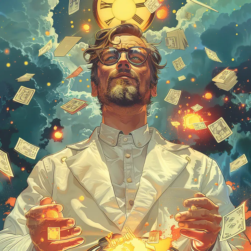 Here is a meticulously designed drawing. Against its backdrop is a magnificent man in a white coat, glowing with a vibrant shade of yellow. The man is playing with huge balances, each representing a decision factor. The balances are counterbalanced by giant cards floating in the sky. Each card is of different sizes and designs, reflecting the diversity and importance of the decision factors. Vibrantly colored letters and numbers fly around the man, representing weight assignments in the decision-making process. These letters and numbers symbolize the importance and variety of weights assigned to the decision factors. The man carefully collects and balances these letters and numbers, balancing the important decision factors. In the background, a giant calculating machine is visible, resembling the rotation of a wheel. The keys of the calculator are filled with numbers assigned to decision alternatives. The man skillfully uses this machine, pressing the keys to calculate the score of each alternative and noting the results as they come out. The visual clearly depicts the basic concepts of the decision matrix. Full of vibrant colors, striking icons and detailed designs, it invites the viewer into the exciting world of decision-making.