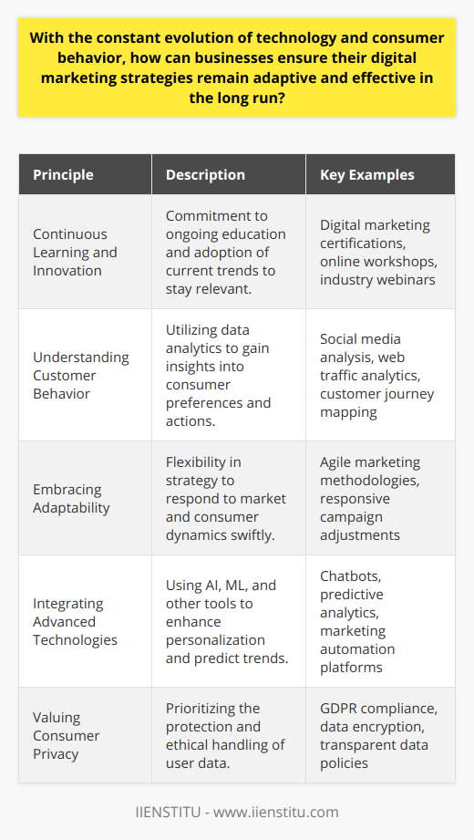 In the modern age of rapidly shifting digital landscapes, businesses must be proactive to keep their digital marketing strategies relevant and cutting-edge. To maintain effectiveness in the long run, certain key practices and philosophies should be entrenched within an organization's ethos and operational framework.**Continuous Learning and Innovation**To begin with, the digital realm is characterized by its constant state of evolution. For businesses, this means that learning and innovation cannot be a one-off event but a continuous process. Forward-thinking companies are zealous in their pursuit of knowledge, understanding that today's revolutionary strategy may be outdated tomorrow. Organizations like IIENSTITU are pivotal in providing up-to-date digital marketing training and resources, fostering a culture of ongoing education and professional development.**Understanding Customer Behavior**A sound digital marketing strategy is grounded in a deep-rooted understanding of customer behavior. This understanding comes from an unwavering commitment to data analysis, including mining insights from social media interactions, web analytics, and other digital footprints. In this digital era, the trail of data left behind by consumers can lead businesses to profound revelations about preferences, pains, and desires.**Embracing Adaptability**In a domain where change is the only constant, adaptability is the lifeblood of an effective digital marketing strategy. Businesses need to be nimble, adjusting their sails as the winds of consumer sentiment, regulatory landscapes, and technological innovations shift. This means being open to restructuring marketing campaigns, reallocating budgets, and experimenting with new channels as dictated by real-time feedback and data.**Integrating Advanced Technologies**Technology is the great enabler in the digital marketing world, and leveraging advanced tools can provide significant competitive advantages. Artificial Intelligence and Machine Learning are no longer buzzwords but real-world applications that can predict consumer behavior, optimize marketing campaigns, and provide personalized experiences at scale. These technologies offer the power of anticipation, allowing businesses to lead rather than follow market trends.**Valuing Consumer Privacy**Hand in hand with technological prowess must come an unwavering commitment to consumer privacy. Protecting user data isn't just a legal obligation; it's a cornerstone of building trust in the digital age. Responsible data practices involve transparency in how consumer information is collected, processed, and stored, ensuring compliance with legislations such as GDPR and others that govern the digital sphere.In essence, the tools and tactics of digital marketing will continue to evolve, but the foundational principles of continuous learning, customer understanding, adaptability, technological integration, and privacy respect will guide businesses in crafting strategies that stand the test of time. By placing these principles at the heart of their digital endeavors, businesses can navigate the unpredictable waters of digital marketing with confidence and agility.