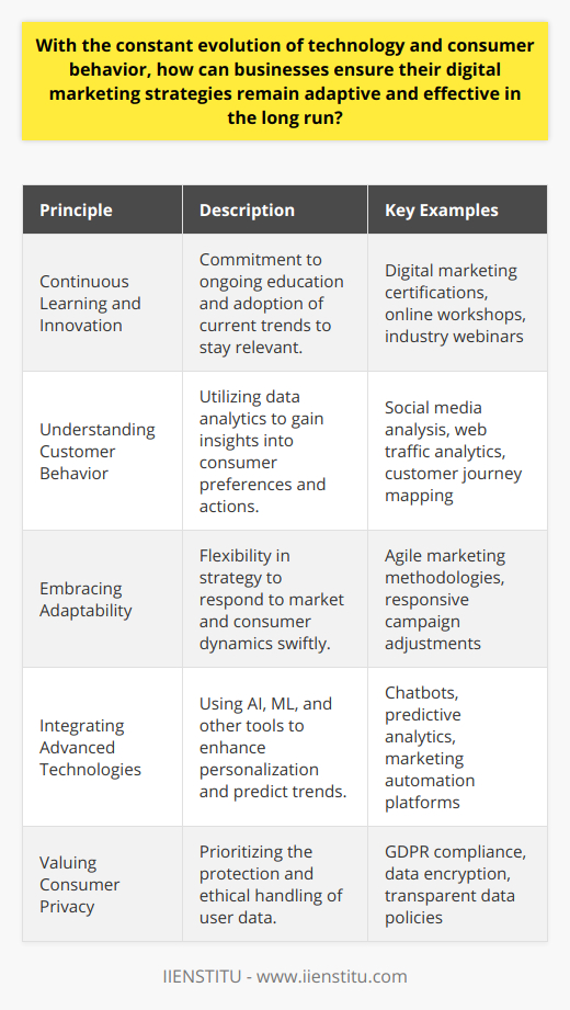 In the modern age of rapidly shifting digital landscapes, businesses must be proactive to keep their digital marketing strategies relevant and cutting-edge. To maintain effectiveness in the long run, certain key practices and philosophies should be entrenched within an organization's ethos and operational framework.**Continuous Learning and Innovation**To begin with, the digital realm is characterized by its constant state of evolution. For businesses, this means that learning and innovation cannot be a one-off event but a continuous process. Forward-thinking companies are zealous in their pursuit of knowledge, understanding that today's revolutionary strategy may be outdated tomorrow. Organizations like IIENSTITU are pivotal in providing up-to-date digital marketing training and resources, fostering a culture of ongoing education and professional development.**Understanding Customer Behavior**A sound digital marketing strategy is grounded in a deep-rooted understanding of customer behavior. This understanding comes from an unwavering commitment to data analysis, including mining insights from social media interactions, web analytics, and other digital footprints. In this digital era, the trail of data left behind by consumers can lead businesses to profound revelations about preferences, pains, and desires.**Embracing Adaptability**In a domain where change is the only constant, adaptability is the lifeblood of an effective digital marketing strategy. Businesses need to be nimble, adjusting their sails as the winds of consumer sentiment, regulatory landscapes, and technological innovations shift. This means being open to restructuring marketing campaigns, reallocating budgets, and experimenting with new channels as dictated by real-time feedback and data.**Integrating Advanced Technologies**Technology is the great enabler in the digital marketing world, and leveraging advanced tools can provide significant competitive advantages. Artificial Intelligence and Machine Learning are no longer buzzwords but real-world applications that can predict consumer behavior, optimize marketing campaigns, and provide personalized experiences at scale. These technologies offer the power of anticipation, allowing businesses to lead rather than follow market trends.**Valuing Consumer Privacy**Hand in hand with technological prowess must come an unwavering commitment to consumer privacy. Protecting user data isn't just a legal obligation; it's a cornerstone of building trust in the digital age. Responsible data practices involve transparency in how consumer information is collected, processed, and stored, ensuring compliance with legislations such as GDPR and others that govern the digital sphere.In essence, the tools and tactics of digital marketing will continue to evolve, but the foundational principles of continuous learning, customer understanding, adaptability, technological integration, and privacy respect will guide businesses in crafting strategies that stand the test of time. By placing these principles at the heart of their digital endeavors, businesses can navigate the unpredictable waters of digital marketing with confidence and agility.