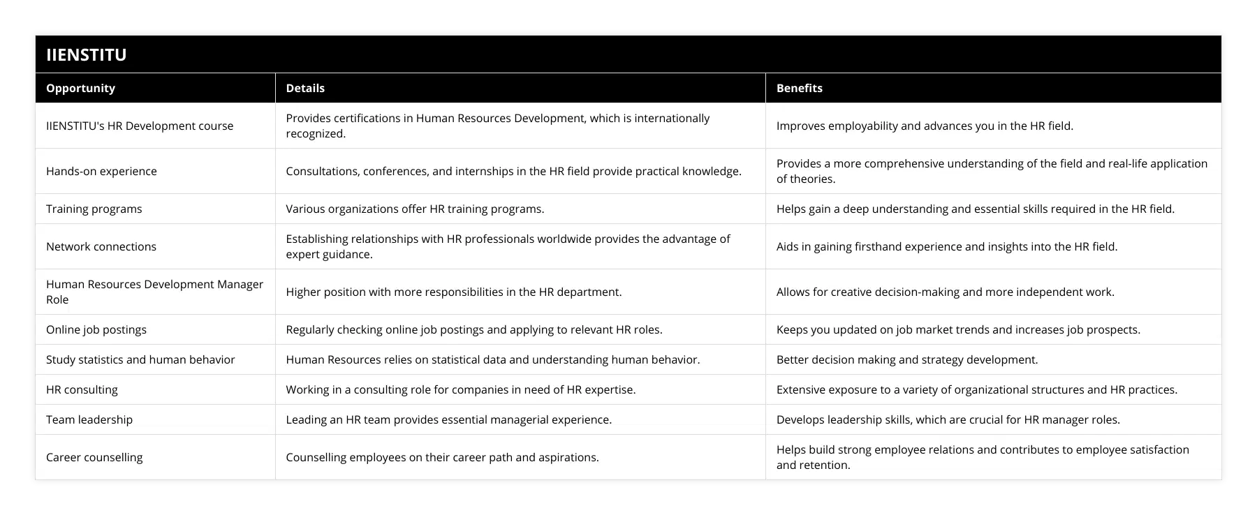 IIENSTITU's HR Development course, Provides certifications in Human Resources Development, which is internationally recognized, Improves employability and advances you in the HR field, Hands-on experience, Consultations, conferences, and internships in the HR field provide practical knowledge, Provides a more comprehensive understanding of the field and real-life application of theories, Training programs, Various organizations offer HR training programs, Helps gain a deep understanding and essential skills required in the HR field, Network connections, Establishing relationships with HR professionals worldwide provides the advantage of expert guidance, Aids in gaining firsthand experience and insights into the HR field, Human Resources Development Manager Role, Higher position with more responsibilities in the HR department, Allows for creative decision-making and more independent work, Online job postings, Regularly checking online job postings and applying to relevant HR roles, Keeps you updated on job market trends and increases job prospects, Study statistics and human behavior, Human Resources relies on statistical data and understanding human behavior, Better decision making and strategy development, HR consulting, Working in a consulting role for companies in need of HR expertise, Extensive exposure to a variety of organizational structures and HR practices, Team leadership, Leading an HR team provides essential managerial experience, Develops leadership skills, which are crucial for HR manager roles, Career counselling, Counselling employees on their career path and aspirations, Helps build strong employee relations and contributes to employee satisfaction and retention