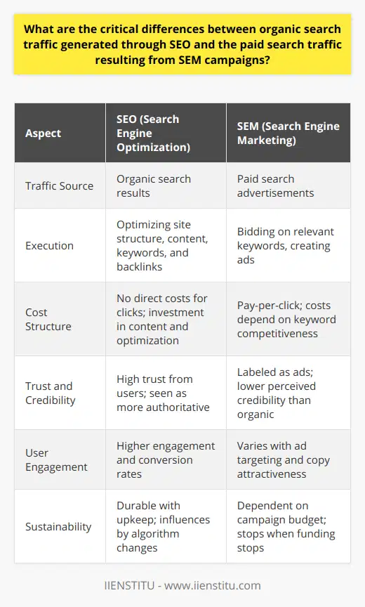 The digital marketing world is replete with tactics and strategies aimed at drawing visitors to websites, with two of the foremost methods being SEO (Search Engine Optimization) and SEM (Search Engine Marketing). These approaches, while complementary, are distinct in their execution, cost structure, and impact on search engine users.Approach to Traffic GenerationSEO is the art and science of optimizing websites to rank higher in organic (non-paid) search engine results. This involves adjusting elements like site structure, content quality, keyword optimization, and link building. A well-optimized site for SEO should align with search engines' criteria for ranking web pages, aiming to answer users' search queries most effectively and comprehensively.Conversely, SEM involves acquiring traffic through paid search advertisements. Advertisers bid on keywords that are relevant to their business and target audience. An SEM campaign's success is often immediate, providing visibility as soon as the campaign goes live, which is a stark contrast to the gradual results typically produced through SEO efforts.Investment and Cost ImplicationsSEO is regarded as a cost-effective strategy in the long run because it does not involve paying for clicks or impressions. The investment is made in high-quality content creation, website optimization, and the cultivation of backlink profiles, all of which can provide returns well after the initial work is completed.In contrast, SEM requires ongoing financial investment. Advertisers pay for each user click on their ads—a model known as pay-per-click (PPC). The costs of SEM can fluctuate based on the competitiveness of the keywords and the dynamics of the bidding within the ad platform.Impact on Trust and CredibilityOrganic search results, achieved through SEO, tend to be trusted more by search engine users, who often believe that a high-ranking organic result is more authoritative and relevant to their query. SEM ads are labeled as such, and though they appear prominently, users know these positions have been bought, which may influence their perceived credibility.User Engagement and ConversionVisitors from SEO are generally more engaged with the content they find because it has presumably been tailored to their search intents and questions. This can lead to better user experience metrics, like lower bounce rates and higher conversion rates. On the contrary, SEM-driven traffic's quality can significantly vary depending on the precision of targeting and attractiveness of the ad copy.Sustainability of TrafficTraffic from SEO is typically more durable. Once a page ranks well for specific keywords, it can continue to capture traffic indefinitely with proper upkeep. However, any change in Google's algorithm can impact this stability, so SEO is never truly set-and-forget.SEM-generated traffic is inherently temporary; it lasts as long as the budget lasts. Once an SEM campaign is paused or depleted of funds, the visibility it provided stops immediately. In summary, businesses need to weigh the immediate visibility and precise targeting capabilities of SEM against the long-term, trust-building, and sustainable organic traffic from SEO when planning their online marketing strategies. While SEO forms a solid foundation of credibility and authority over time, SEM can fill in gaps for quick visibility and traffic boosts, especially for new websites or during promotional campaigns. Implementing a blend of SEO and SEM is often the most effective approach, leveraging the strengths of each to create a synergistic digital presence.