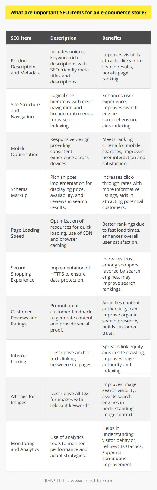 In the ever-evolving digital marketplace, having an optimized e-commerce website is crucial for attracting potential customers and driving sales. Here are several important SEO items that e-commerce store owners should keep in mind to leverage the power of search engines effectively:Product Description and Metadata:Unique and detailed product descriptions enriched with target keywords can markedly improve product page visibility. Each product should include SEO-friendly meta titles and descriptions that not only include relevant keywords but also entice users to click through from search engine results.Site Structure and Navigation:A well-organized site structure helps search engines understand and index e-commerce content better. Clear navigation, breadcrumb menus, and a logical hierarchy of categories can enhance user experience and hence, contribute positively to SEO efforts.Mobile Optimization:With the increasing predominance of mobile shopping, e-commerce stores must ensure that their site is fully responsive. Mobile optimization is a critical ranking factor as search engines prefer websites that provide a seamless experience across all devices.Schema Markup:Implementing schema markup for e-commerce products enables rich snippets in search results, such as price, availability, and review ratings, thus making listings more appealing and informative to potential customers, which can lead to higher click-through rates.Page Loading Speed:Search engines, like Google, prioritize fast-loading websites. E-commerce stores should optimize images, leverage browser caching, and consider a content delivery network (CDN) to minimize load times and enhance user satisfaction.Secure Shopping Experience:Ensuring a secure connection through HTTPS is essential not only for protecting customers’ sensitive information but also because search engines favor secure websites. A secure e-commerce platform can contribute to gaining customers' trust and improving SEO rankings.Customer Reviews and Ratings:Encouraging customers to leave reviews and ratings can not only provide social proof to prospective buyers but also generate fresh, keyword-rich content for product pages, which search engines value.Internal Linking:Strategically linking between different pages on an e-commerce site can spread link equity and help search engines crawl the site more efficiently. This internal linking should use descriptive anchor texts that provide context to both users and search engines.Alt Tags for Images:Since search engines cannot 'see' images, including descriptive alt tags with relevant keywords helps search engines understand the context of images and can improve visibility in image searches.Monitoring and Analytics:Regularly monitoring the store’s performance with tools like Google Analytics and keeping up with SEO best practices is critical for staying ahead of the competition. Understanding visitor behavior, bounce rates, and conversion paths can provide actionable insights for continuous improvement.By paying attention to these SEO elements, e-commerce stores can create a strong foundation for attracting organic traffic and ultimately achieving a successful online presence. It's important to remember that SEO is an ongoing process, and maintaining these aspects should be part of a store’s regular maintenance routine.