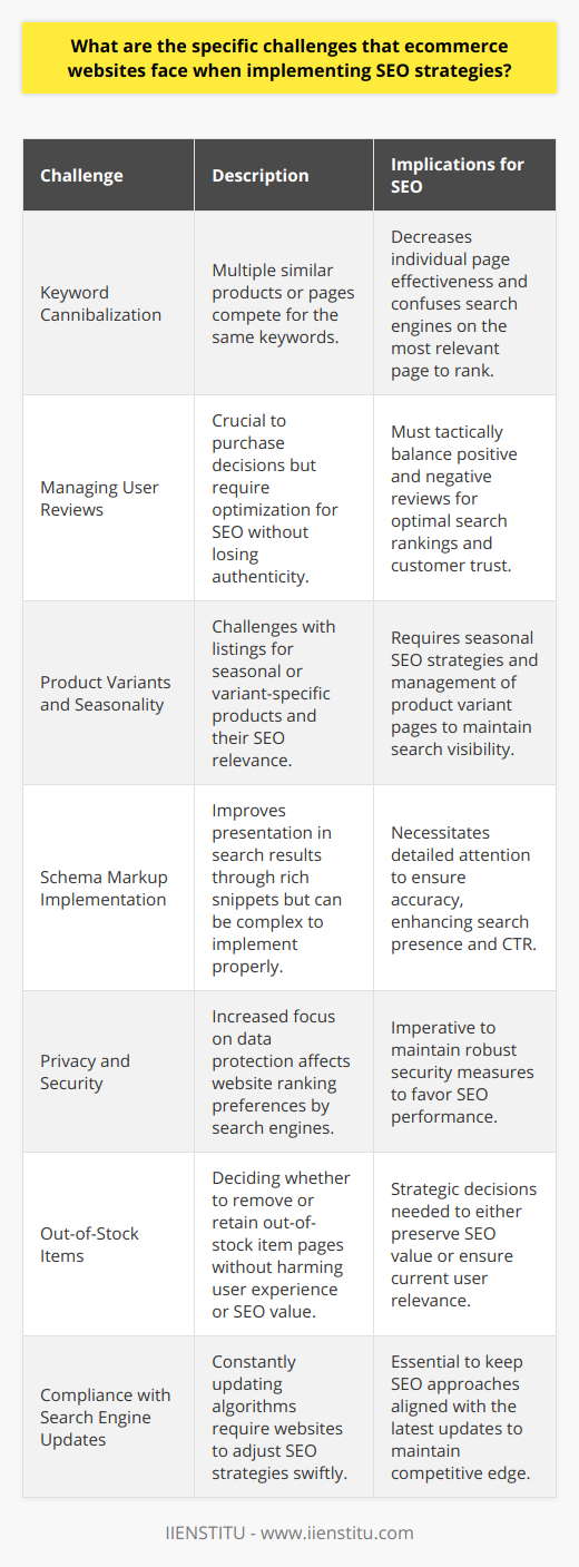 E-commerce platforms are continually vying for visibility in a digital marketplace where search engine optimization (SEO) can define their competitiveness and reach. When devising SEO strategies, these platforms encounter a variety of unique hurdles that could significantly impinge on their online prominence.Keyword CannibalizationDue to the breadth and quantity of products, a specific issue for e-commerce websites is keyword cannibalization, where similar products or pages compete against each other in search engine rankings. This dilutes the efficacy of SEO efforts, as search engines struggle to identify the most relevant page to rank for a particular search term.Managing User ReviewsUser reviews play a substantial role in purchasing decisions and search rankings. However, managing and optimizing these reviews for SEO without compromising authenticity presents challenges. While positive reviews can boost visibility and credibility, negative reviews must be handled judiciously, ensuring they don't detrimentally affect ranking or portray the business unfavorably.Product Variants and SeasonalityE-commerce sites with various product options and seasonal inventory face the challenge of keeping their listings up-to-date and optimized. Strategies need to consider how to maintain SEO momentum for products that are only available during particular seasons or how to optimally present and alternate between different product variations.Schema Markup ImplementationThe utilization of schema markup is integral for e-commerce websites as it enhances the way web pages are presented in search engine results through rich snippets. However, implementing schema markup can be tedious and requires meticulous attention to detail to ensure that it is done accurately, particularly with vast inventories.Privacy and SecurityWith growing concerns over data privacy and a surge in cybersecurity threats, ensuring website security has become intertwined with SEO. Search engines favor secure websites, so an e-commerce platform's ability to maintain high-level encryption and data protection is tantamount to its SEO performance.Out-of-Stock ItemsManaging out-of-stock items can also pose SEO challenges. Removing pages of out-of-stock items can lead to a loss in accumulated SEO value, while keeping pages up can frustrate users and potentially harm ranking if those pages are not providing value.Compliance with Search Engine UpdatesLastly, staying attuned to search engine algorithm updates is vital. Search engines frequently update their algorithms to enhance the user experience, necessitating ecommerce websites to agilely adapt their SEO strategies. Not staying on top of these updates can leave an e-commerce platform lagging behind.SEO strategies for e-commerce websites are multifaceted and ever-evolving due to their complex nature and competitive environment. By acknowledging and skillfully navigating these specific challenges, such as understanding user intent, optimizing varied and dynamic content, and ensuring technical and schema markup precision, an e-commerce website can enhance its SEO effectiveness and boost its revenue potential.