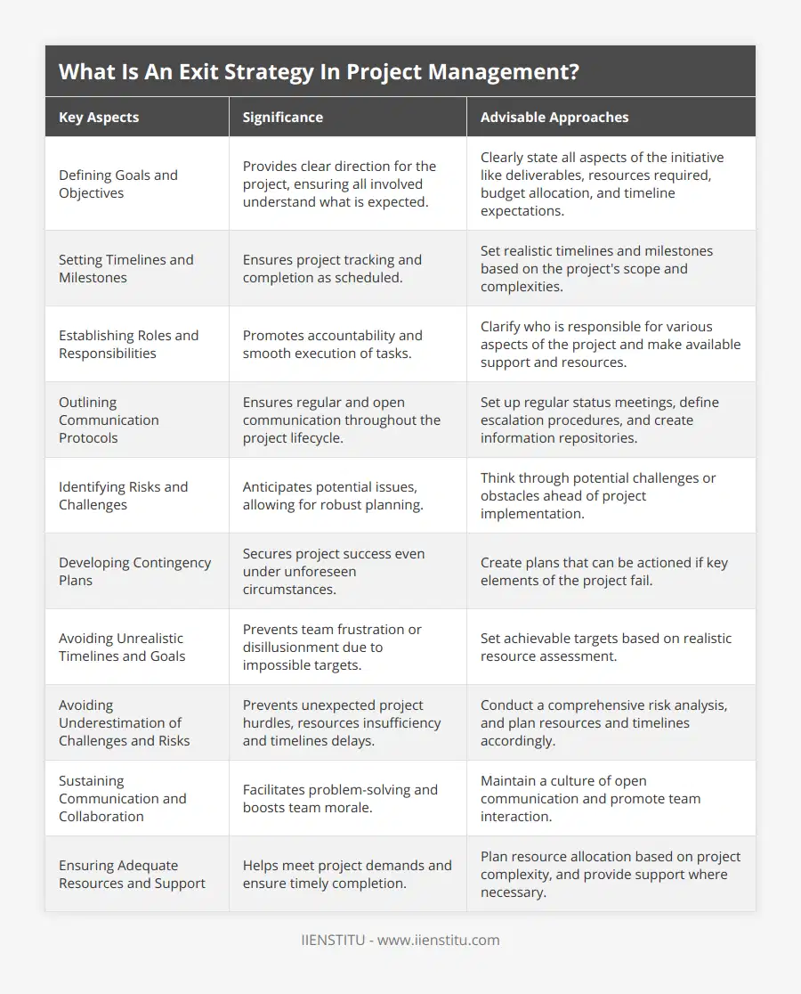 Defining Goals and Objectives, Provides clear direction for the project, ensuring all involved understand what is expected, Clearly state all aspects of the initiative like deliverables, resources required, budget allocation, and timeline expectations, Setting Timelines and Milestones, Ensures project tracking and completion as scheduled, Set realistic timelines and milestones based on the project's scope and complexities, Establishing Roles and Responsibilities, Promotes accountability and smooth execution of tasks, Clarify who is responsible for various aspects of the project and make available support and resources, Outlining Communication Protocols, Ensures regular and open communication throughout the project lifecycle, Set up regular status meetings, define escalation procedures, and create information repositories, Identifying Risks and Challenges, Anticipates potential issues, allowing for robust planning, Think through potential challenges or obstacles ahead of project implementation, Developing Contingency Plans, Secures project success even under unforeseen circumstances, Create plans that can be actioned if key elements of the project fail, Avoiding Unrealistic Timelines and Goals, Prevents team frustration or disillusionment due to impossible targets, Set achievable targets based on realistic resource assessment, Avoiding Underestimation of Challenges and Risks, Prevents unexpected project hurdles, resources insufficiency and timelines delays, Conduct a comprehensive risk analysis, and plan resources and timelines accordingly, Sustaining Communication and Collaboration, Facilitates problem-solving and boosts team morale, Maintain a culture of open communication and promote team interaction, Ensuring Adequate Resources and Support, Helps meet project demands and ensure timely completion, Plan resource allocation based on project complexity, and provide support where necessary